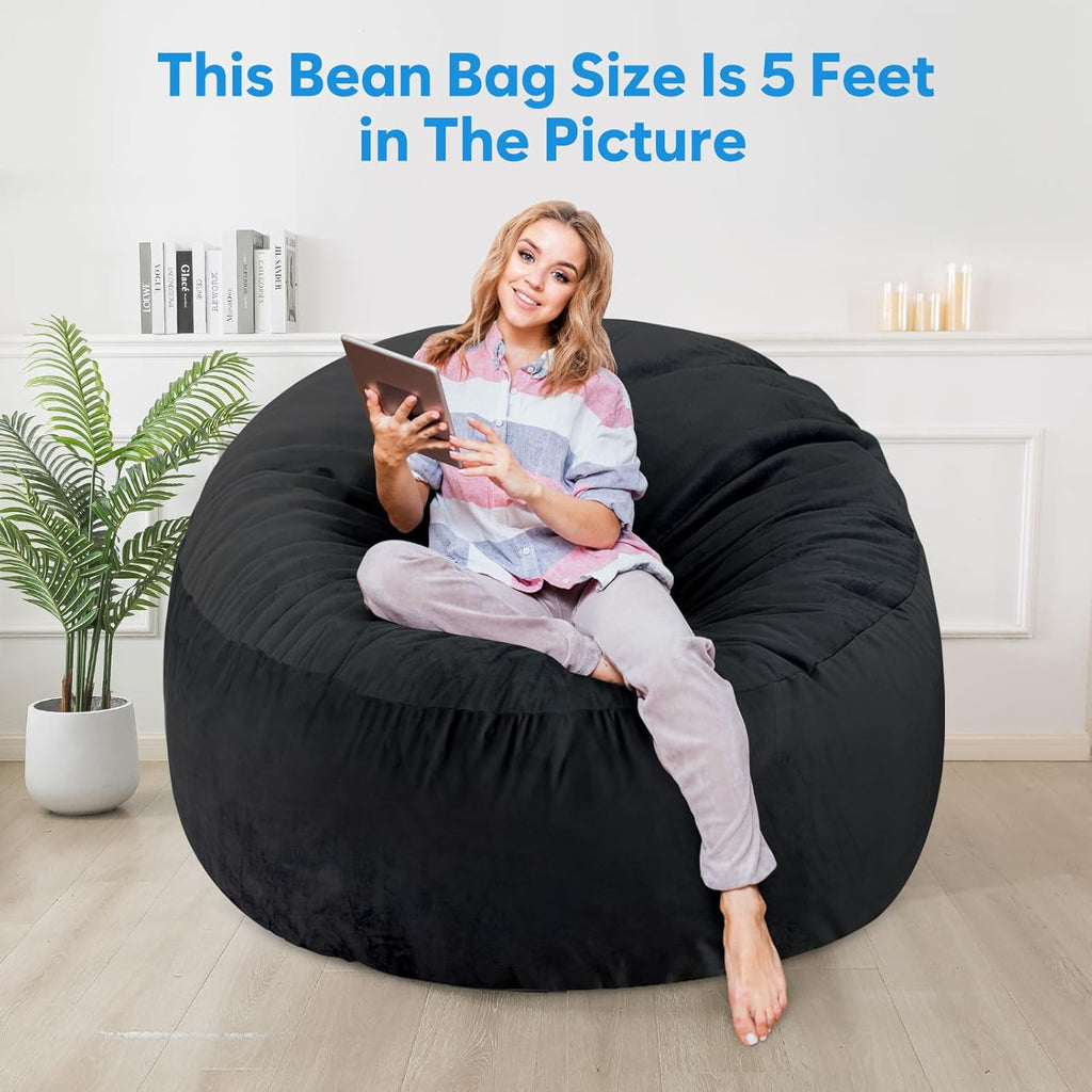 SHOUREN 3 Ft Bean Bag Chair,Memory Foam Bean Bag Chairs for Adults,Bean Bag Sofa for Living Room,Beanbag with Filler Included,Soft Velvet Fabric,Pull-Handle - 3 Foot,Black