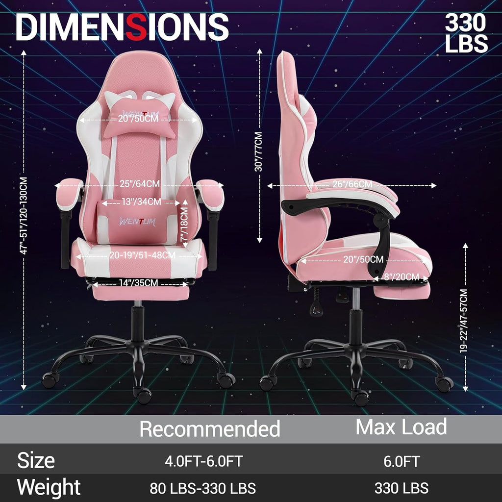 Gaming Chair with Footrest for Adults, PU Leather Video Game Chair with Massage Lumbar Support for Men Women, Ergonomic Computer Gamer Chair for Home Office, Height Adjustable, Pink