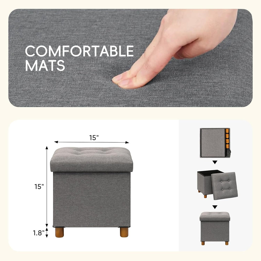 PINPLUS Storage Ottoman Cube, White Linen Footrest with Wooden Legs, Foldable Fabric Footrest, Comfortable Seat with Lid, Ottoman with Storage for Living Room, 15" x 15" x 15"，Grey