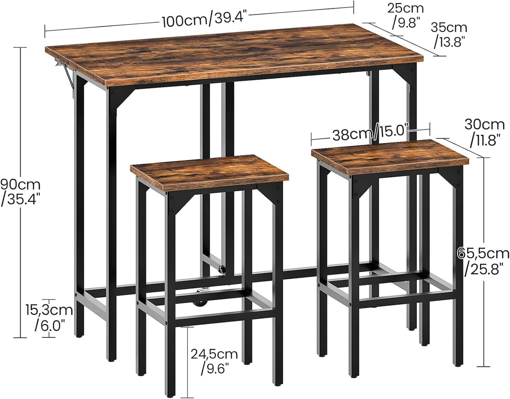 CHOEZON Bar Table and Stool Set, 39.4'' Folding Dining Table with 2 Stools, Industrial Style, for Restaurant, Living Room, Pub, Rustic Brown and Black TBT02BF