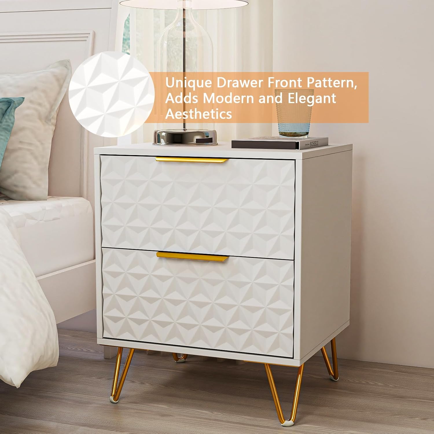 White and Gold Nightstand Set of 2,Modern Bedside Tables Set of 2 with 2 Drawer for Bedroom,End Side Table with Gold Legs for Living Room