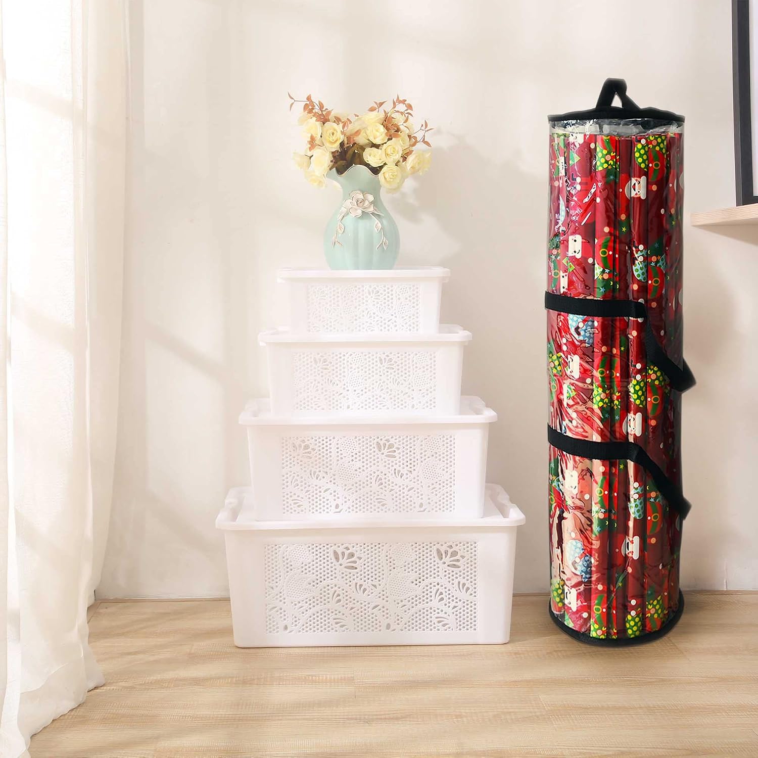Ram® Wrapping Paper Storage Container - Fits 14 to 20 Standard Rolls Up to 40"- Slim Design – Under Bed Gift Wrap Organizer - Closet Storage Wrapping Paper Holder