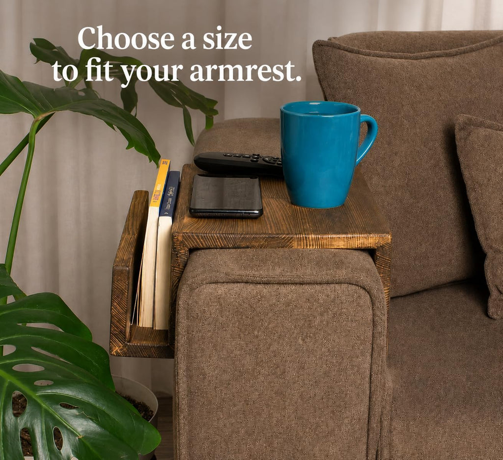 Wooden Sofa Armrest Mini Table & Storage Couch Arm Tray Side with Book or Remote Control Holder, Solid Pine for Living Room - Walnut Brown 7.5" (19 cm) Armrest
