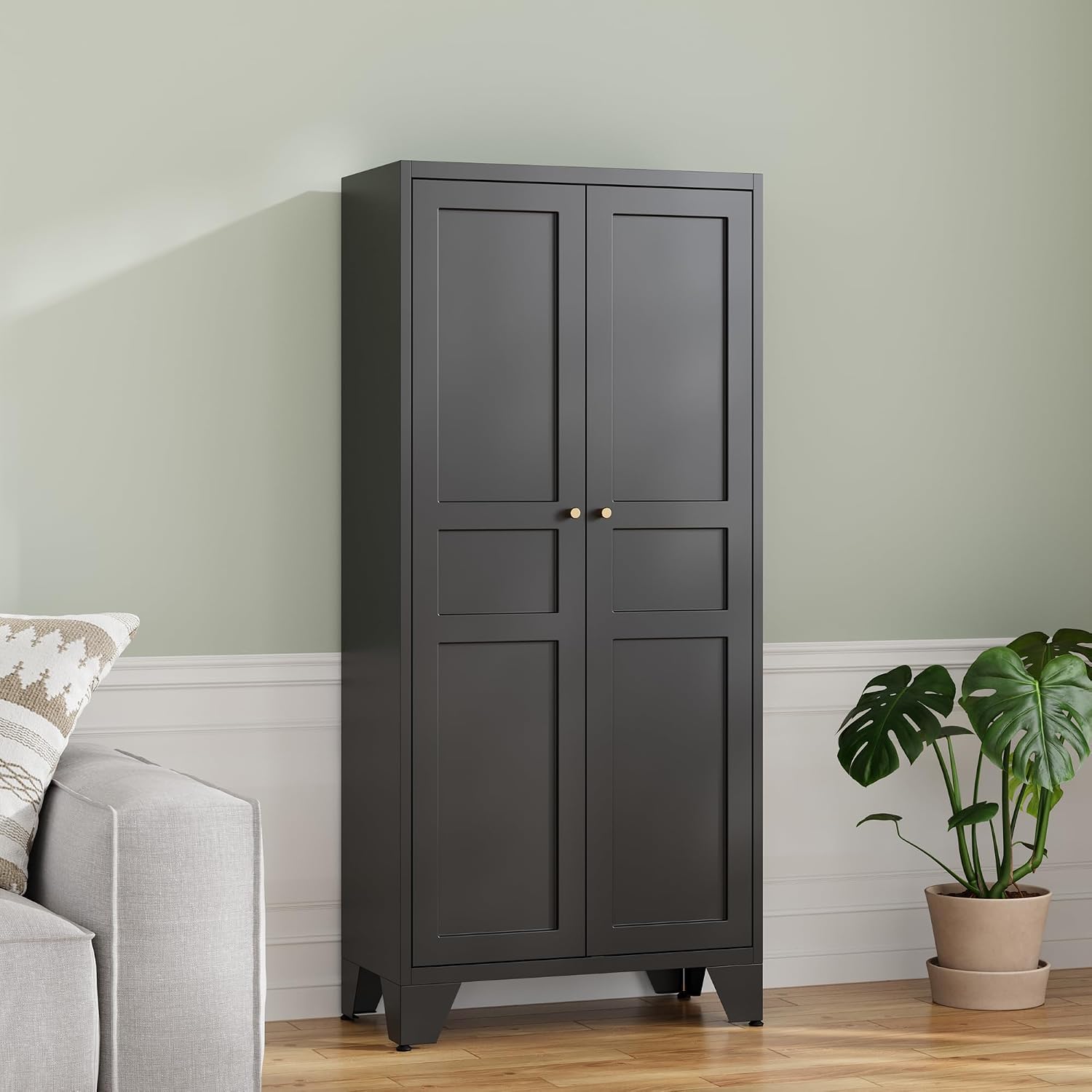 RAVIGIN Metal Storage Cabinet,61" H Pantry Cabinet with 2 Doors and 4 Adjustable Shelves,5 Tier Tall Kitchen Storage Cabinets for Kitchen,Pantry,Living/Study/Laundry Room(Black)