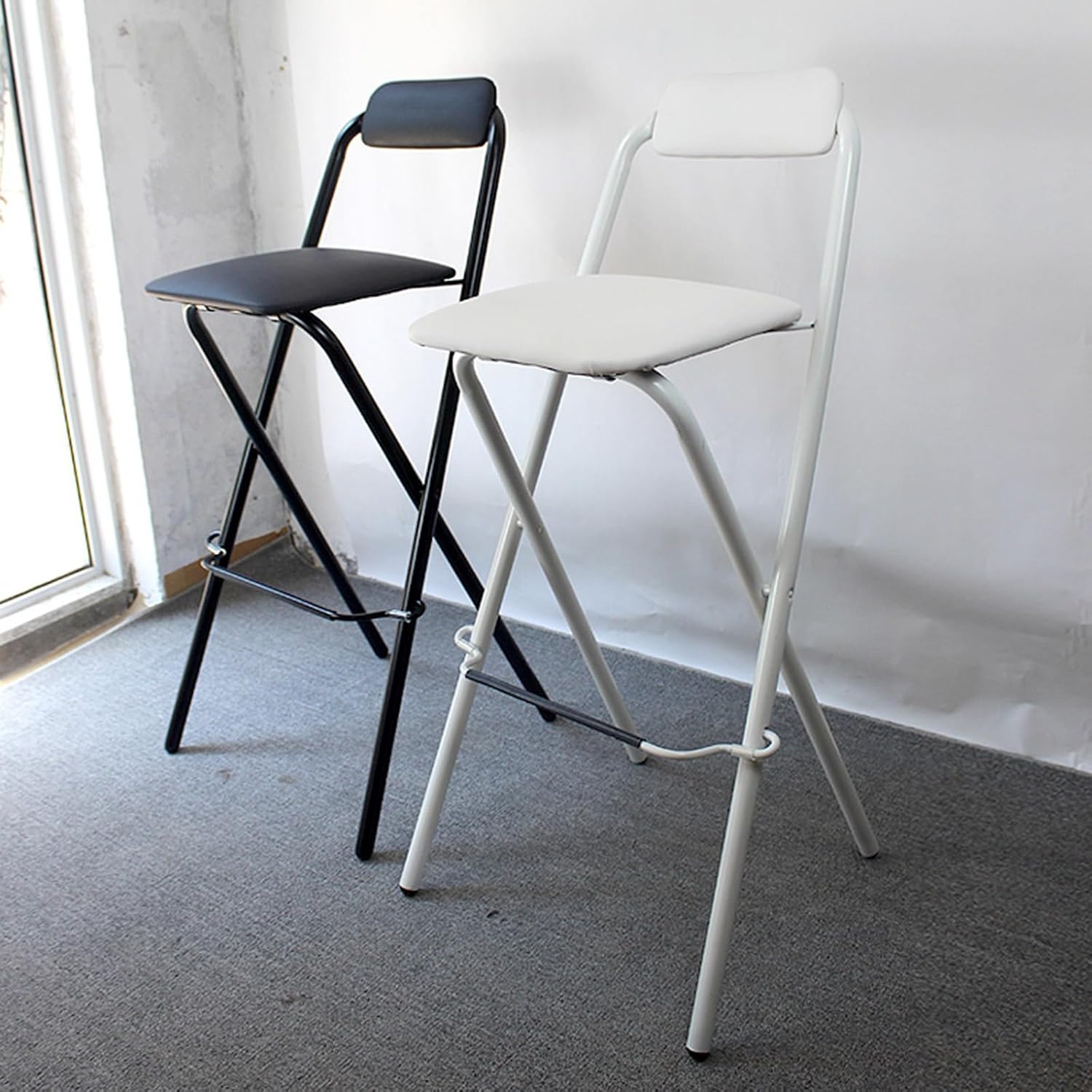 Folding Bar Stool with Backrest, Set of 2 Portable Folding Stool Chair PU Sponge Seat Tall Bar Stools - 300 lbs Capacity (Color : White, Size : Seat Height 27")