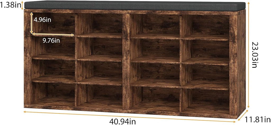 Shoe Rack Bench, Shoe Storage Bench with Cushion, Shoe Organizer 16 Cubbies for Entryway Hallway Bedroom Living Room, Holds Up to 400lbs