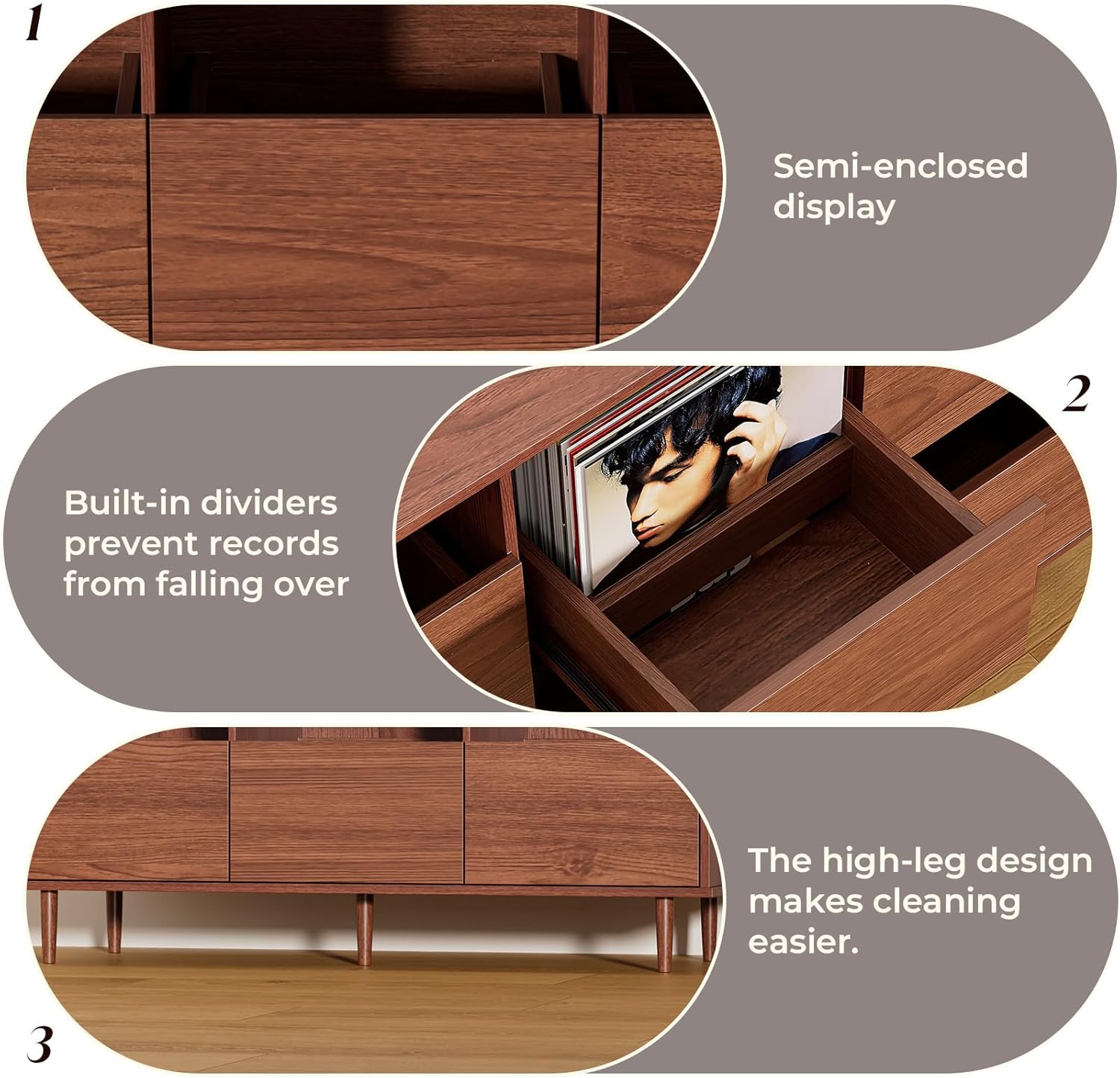BROTTAR 47.2" Large Record Player Stand, 7“/10"/12" Vinyl Record Storage Cabinet, Mid Century Turntable Stand, Vinyl Record Holder, Media Cabinet with DVD Drawers for Living Room, Music Corner, Brown