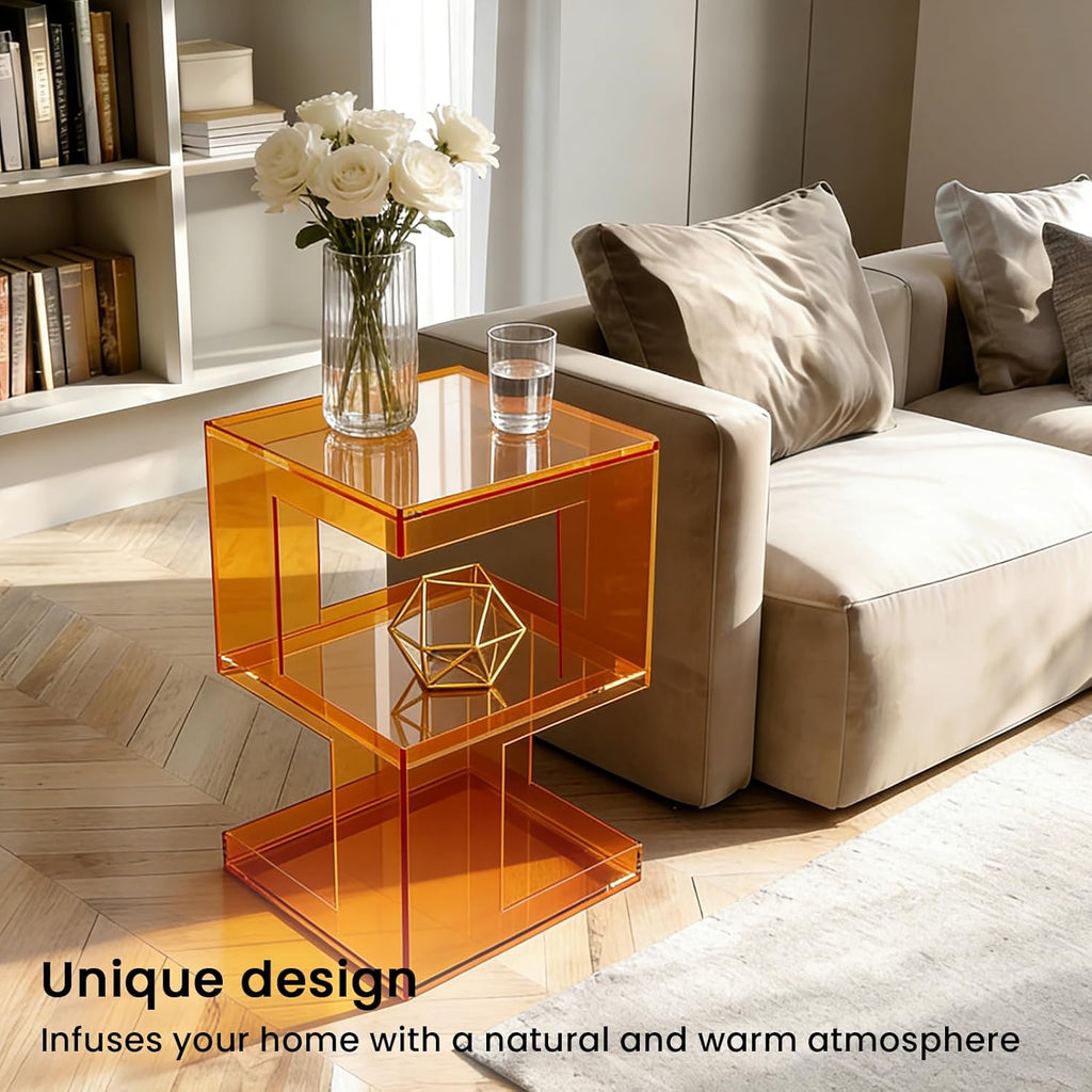 Acrylic End Table with 3 Tiers Storage, Modern Transparent Side Table and Multifunctional Accent Table, Small Nightstand or End Tables for Living Room, Bedroom, Office Decor, Fluorescent Green