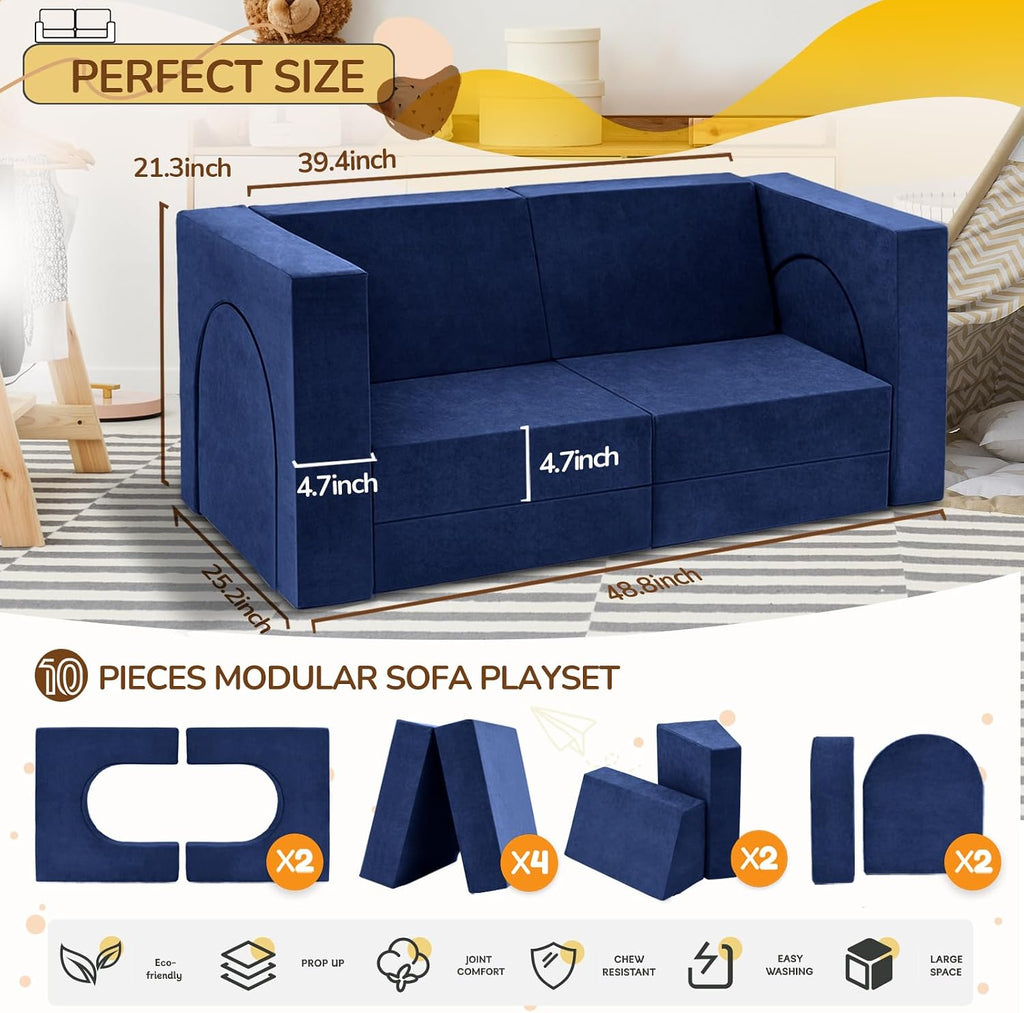 Fvkind 10 Pcs Modular Kids Play Couch, Foam Kids Play Couch for Playroom & Bedroom, Multifunctional Children Sofa Building Fort for Boys and Girls with Soft Foam and Removable Cover, Blue