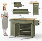ONBRILL 60" Kitchen Island with Power Outlet & Drop Leaf, Rolling Island with Spice Rack & Towel Rack, Kitchen Island Cart with Trash Storage Cabinet, Island Table for Kitchen, Green