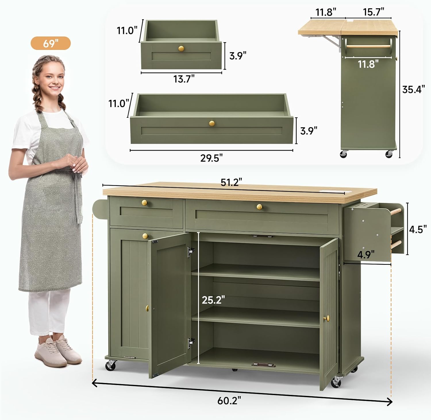 ONBRILL 60" Kitchen Island with Power Outlet & Drop Leaf, Rolling Island with Spice Rack & Towel Rack, Kitchen Island Cart with Trash Storage Cabinet, Island Table for Kitchen, Green