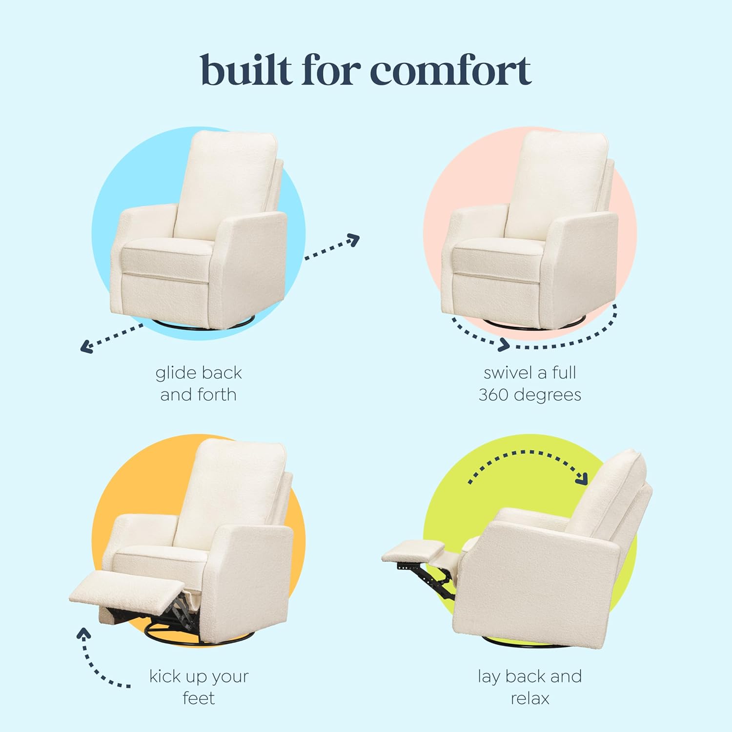 Davinci Lucas Pillowback Swivel Recliner in Cozy Cream Boucle, Greenguard Gold & CertiPUR-US Certified