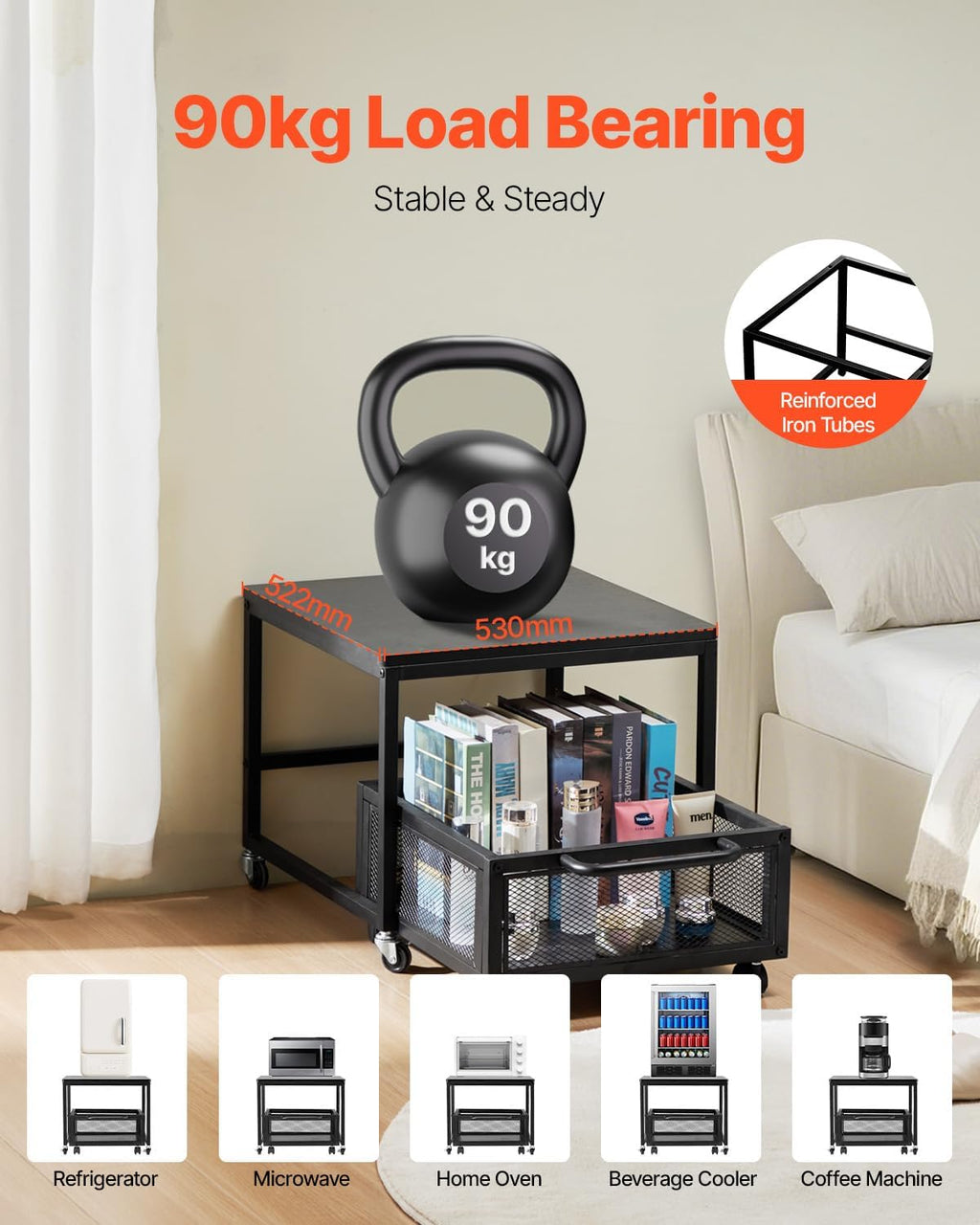 VEVOR Mini Fridge Stand with Storage, 198 lbs Mini Fridge Table with Movable Storage Cart & Swivel Wheels, Beverage Refrigerator Stand for Coffee Bar, Mini Fridge Organizer for Office Home Dorm, Black