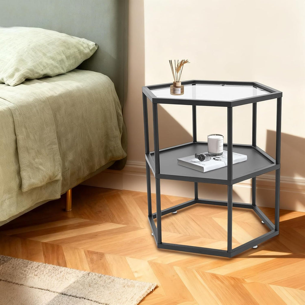 Side Table, Modern Coffee Tables with 2-Tier Storage with Metal Frame, Hexagon Glass Center Table for Living Room Bedroom Office Apartments Decor