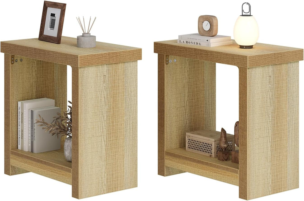End Tables Set of 2 for Living Room, Narrow Side Tables with Storage Shelves, Square End Table for Bedroom, Slim Nightstand, Skinny Rectangle Accent Table, Farmhouse Bedside Table, Natural (2 Pieces)