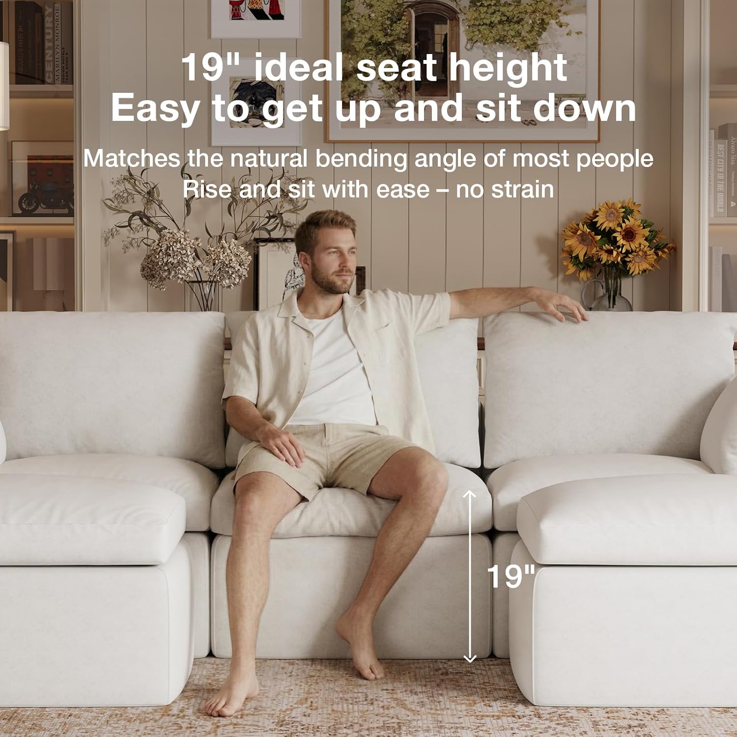 Novilla 104.3" Modular Cloud Couch, Modern Sectional Sofa with Smarts Coil® Support, Chenille Fabric, Upholstered Couch for Living Room Apartments Bedroom, No Assembly, 3 Seater + 1 Ottoman, White
