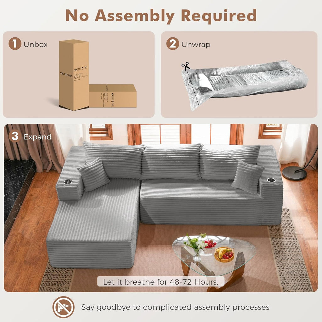 ELUCHANG Oversized 108” Boneless Couch, Comfy Cloud Modular Sectional Sofa, L-Shape Sofa with Chaise, Memory Foam Upholstered Couch for Living Room, Bedroom, No Assembly Required, Corduroy Grey