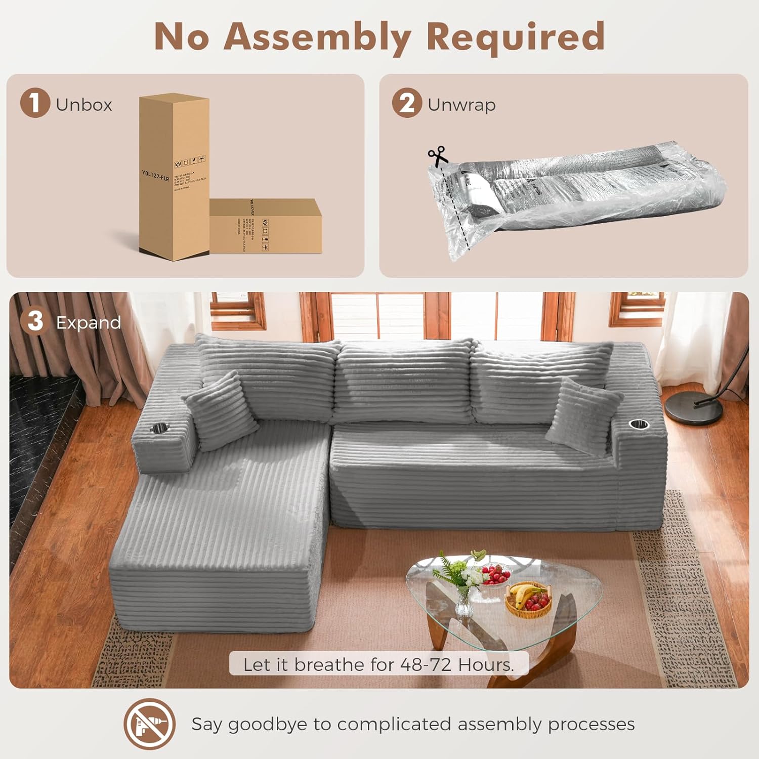 ELUCHANG Oversized 108” Boneless Couch, Comfy Cloud Modular Sectional Sofa, L-Shape Sofa with Chaise, Memory Foam Upholstered Couch for Living Room, Bedroom, No Assembly Required, Corduroy Grey