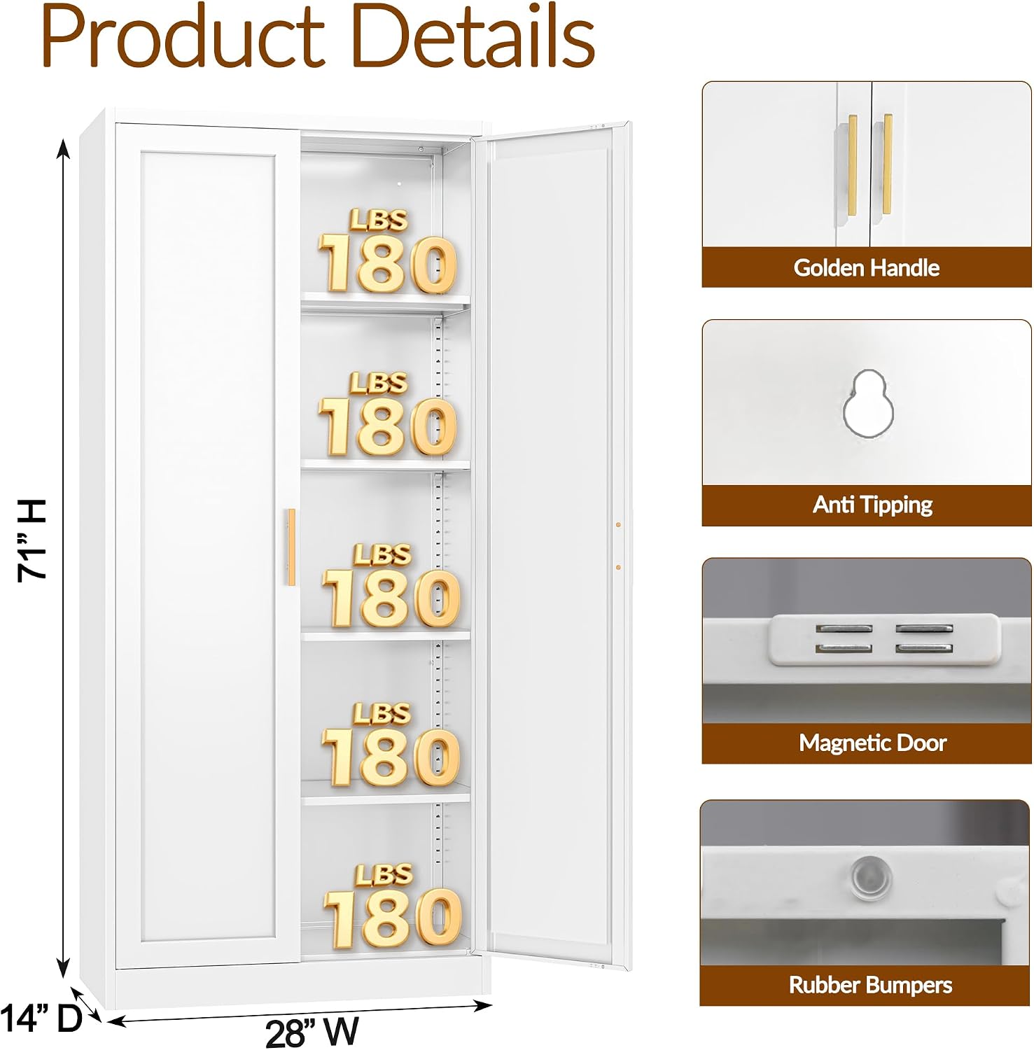BESFUR 71" Tall White Kitchen Pantry Cabinet, Metal Food Storage Cabinet with 4 Adjustable Shelves, Freestanding Cupboard with Doors for Kitchen, Dining Room, Living Room, Bathroom, Laundry Room