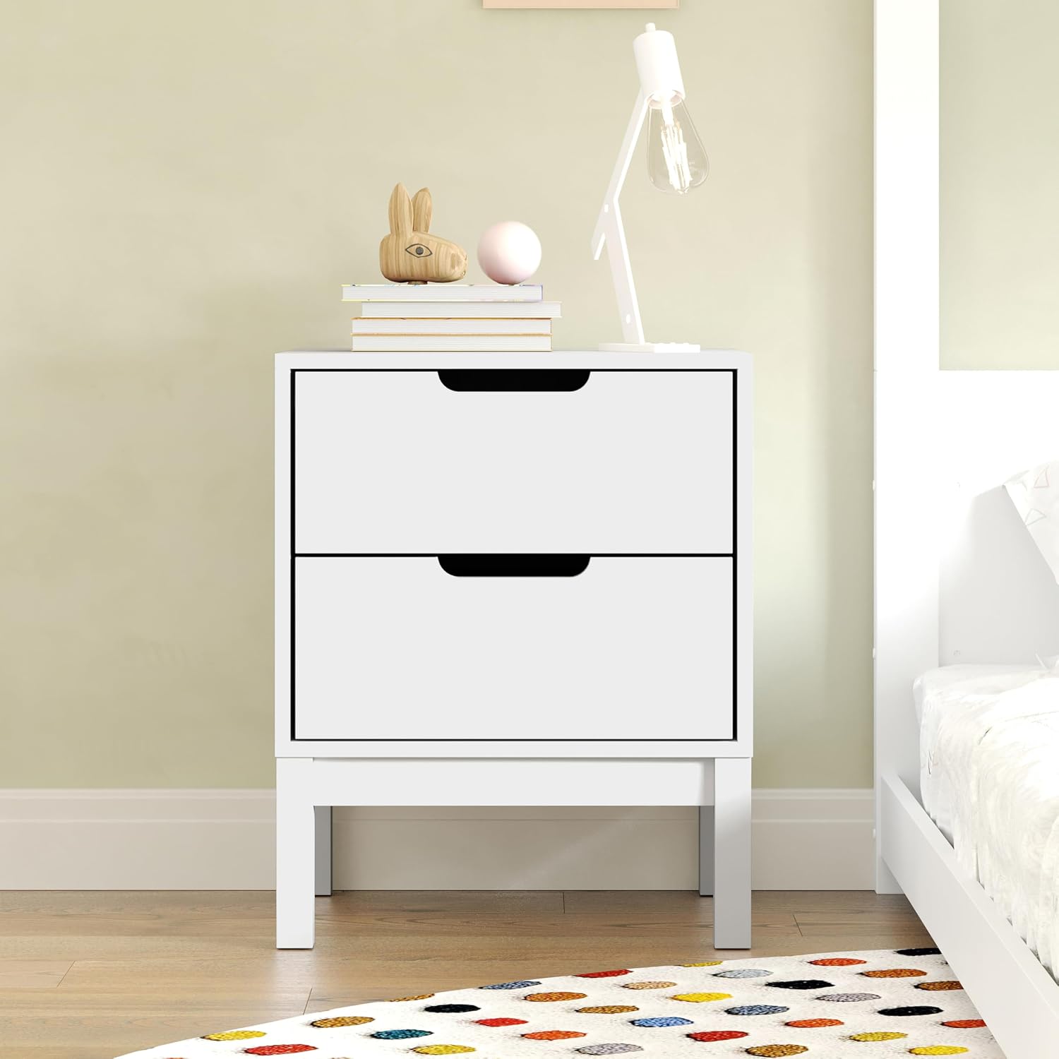 Flash Furniture Dallas Wood Nightstand Side Table, Kids Bedroom End Table with 2 Storage Drawers, Cutout Handles, Smooth Ball Bearing Slides, White
