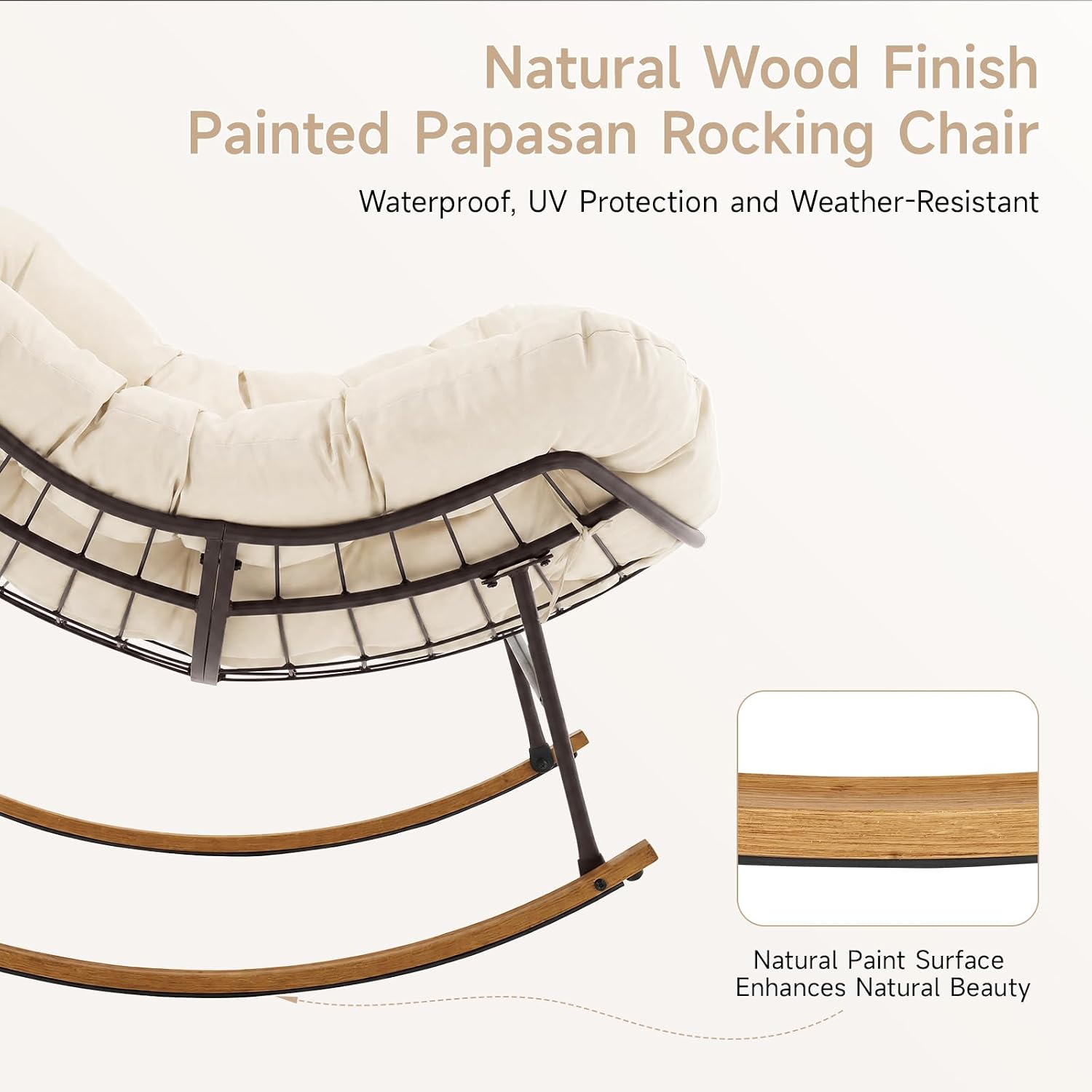 ONBRILL Outdoor Papasan Rocking Chair, Oversized Rocking Chair with Thick Cushion, 450 Lbs Heavy Duty Patio Rocking Egg Chair, Natural Wood Color Metal Rocker Chair for Balcony Porch, Cream White