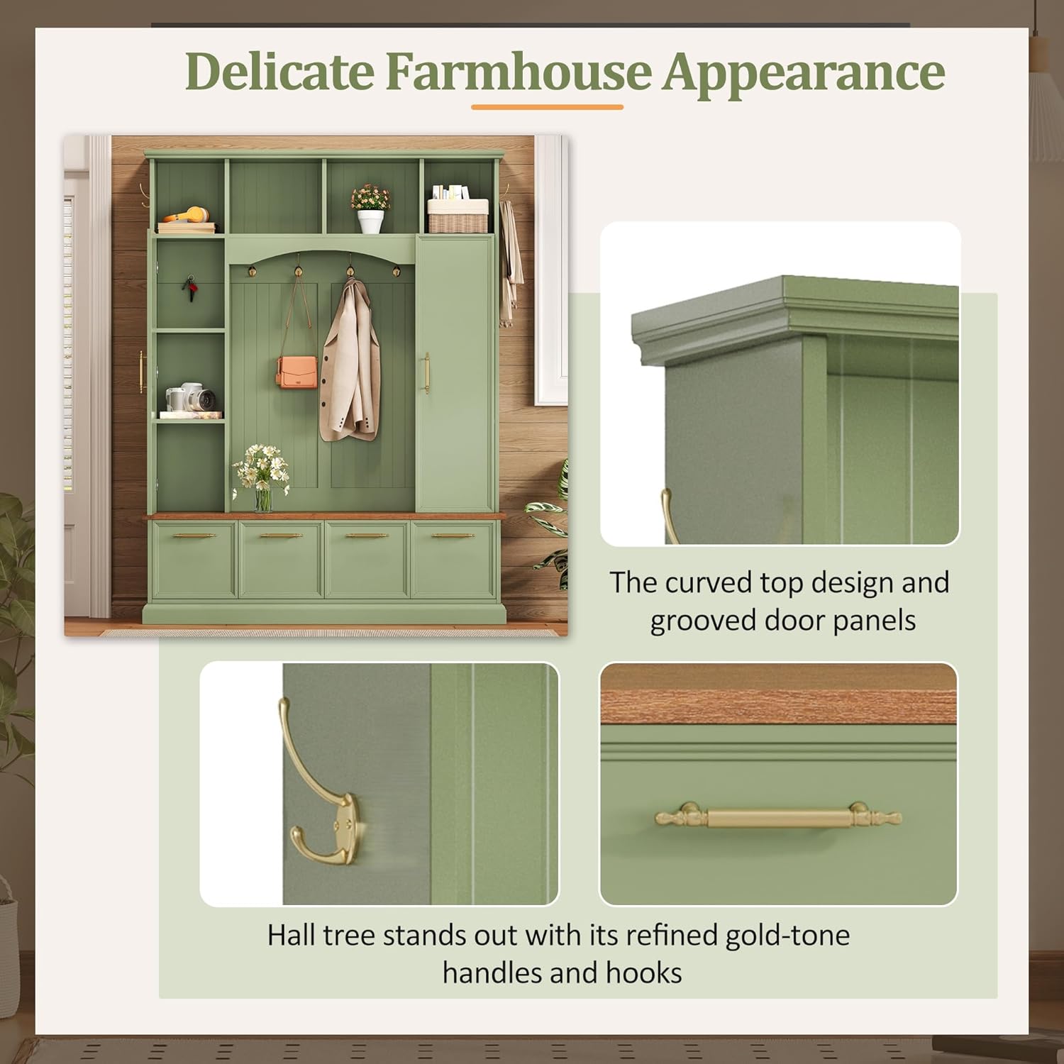 LUMISOL 4-in-1 Hall Tree with Golden Hooks & Handles, Entryway Bench with Adjustable Shelves, 76.7”H Farmhouse Style Coat & Shoe Rack for Mudroom, Green