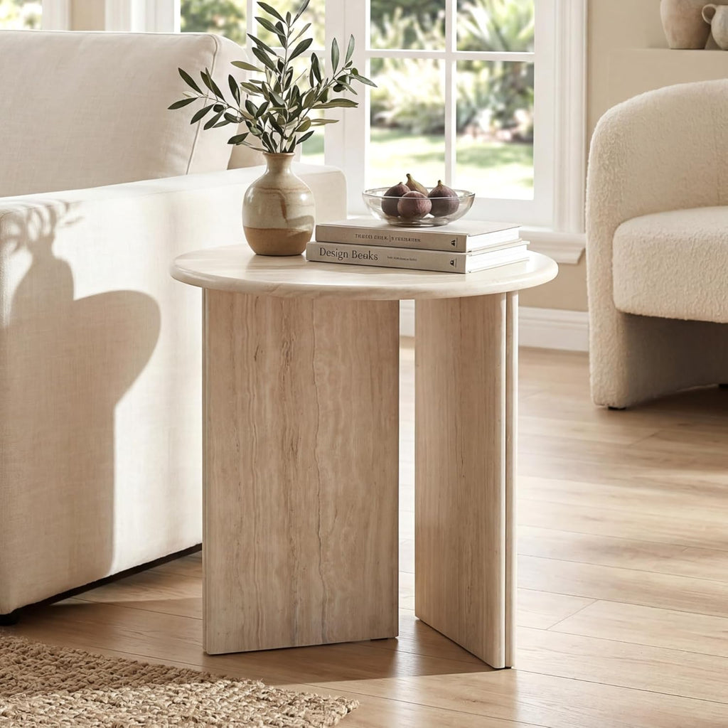 HNY Small Round Side Table Marble Veneer Wood Bedside Table 18" Modern End Table Faux Travertine Finish Accent Table for Living Room, Bedroom, Sofa Side, Reception Room, Luxury Minimalist, Beige
