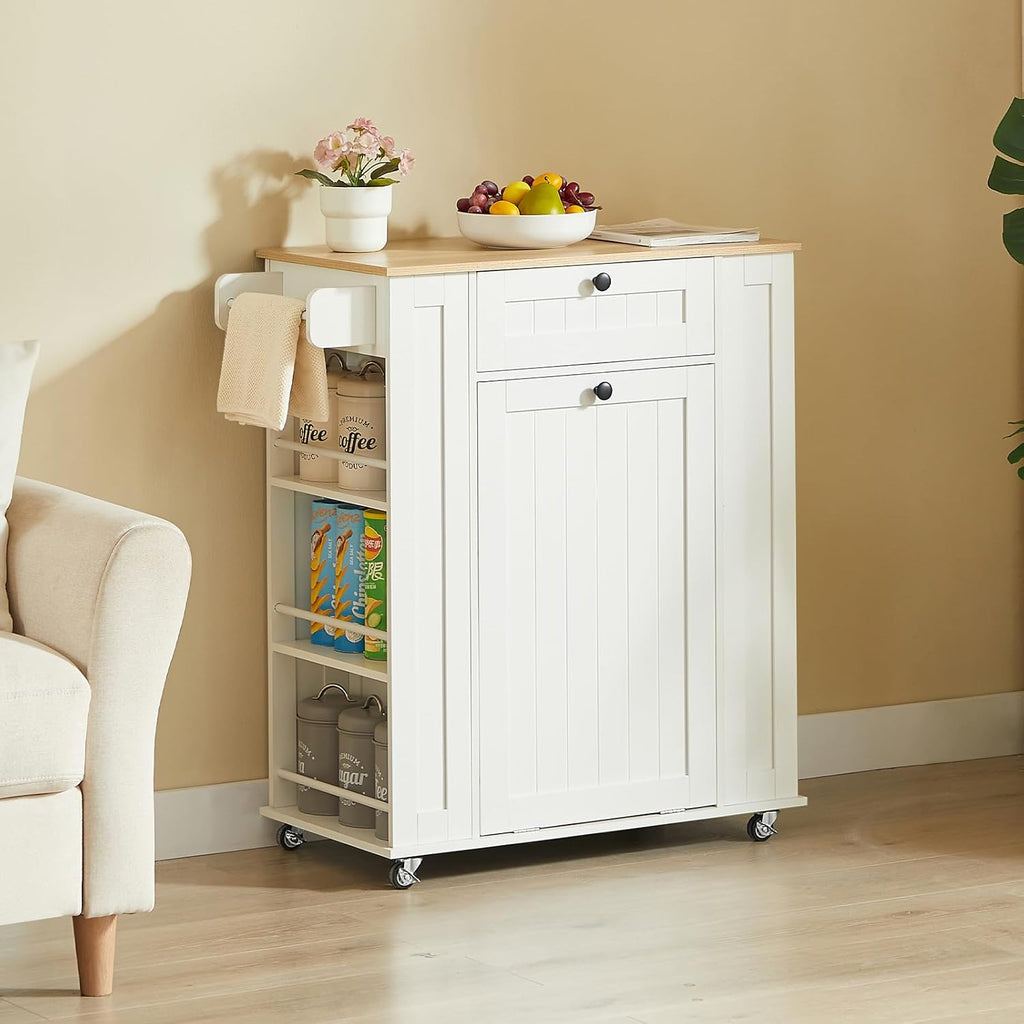ONBRILL 35" Kitchen Island with Trash Can Cabinet & Power Outlet, Rolling Kitchen Cart with Storage Drawer, 6-Tier Spice Rack, Portable Sideboard Table for Dining Room, Living Room, White
