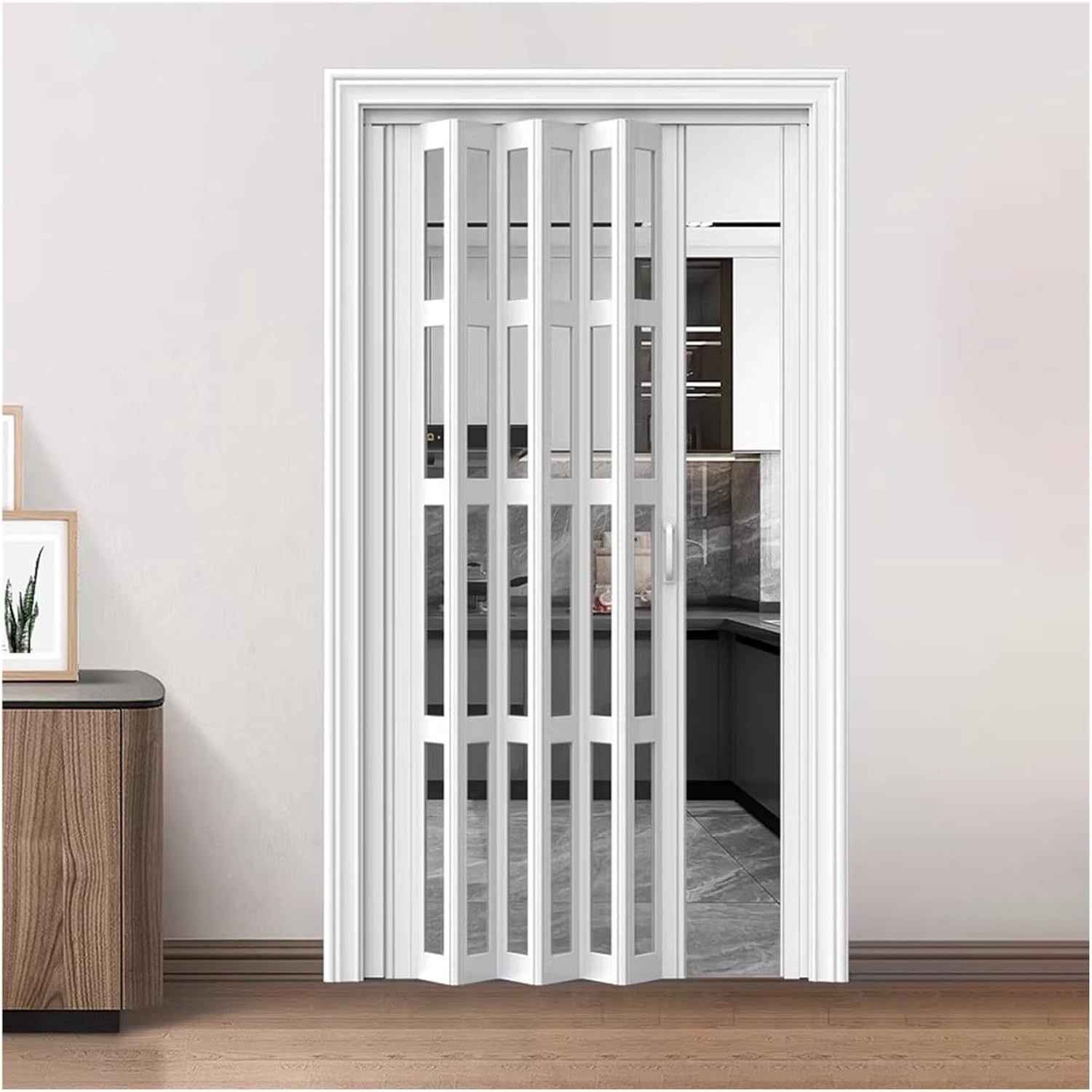Indoor Room Divider Heavy Duty Aluminum Folding Sliding Door Retractable Frosted Acrylic Glass Panel for Kitchen Laundry Room Office 5.6x6.7ft(170.2x203.2cm)