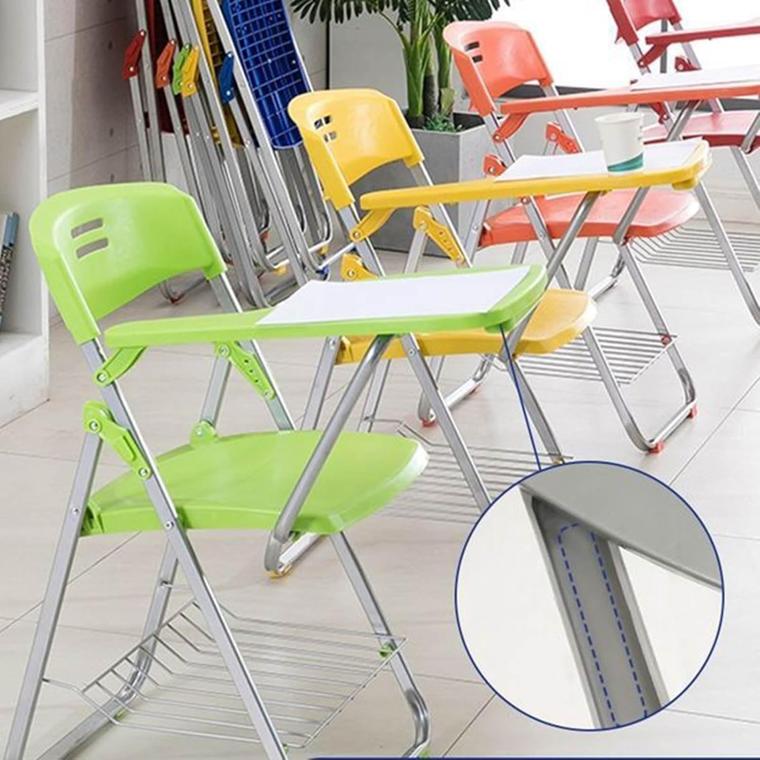 Stackable Folding Plastic Conference Chair with Tablet Arm Mesh Backrest and Padded Seat Ideal(Black with Writing Board+Frame)