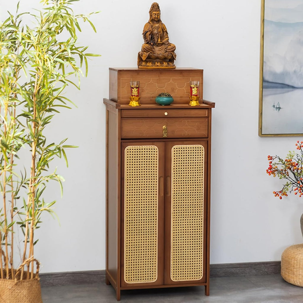 Altar Table with Double Door Storage & Layered Shelf,Chinese Style Buddhist Shrine Cabinet for Home Temple,Meditation Display Table with Vintage F Original Color L60xW38xH185cm/23.6x15x72.8in