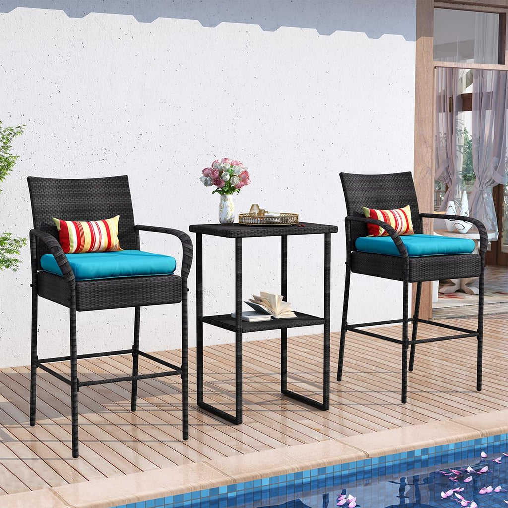 Sundale Outdoor Wicker Bar Stool Set of 2, Patio Counter Height Pub Chair with Arms, High Top Rattan Barstool, Cushion Beige, All-Weather Outdoor Rattan Furniture (Gray&Blue, Small Seat - 2 Stools)