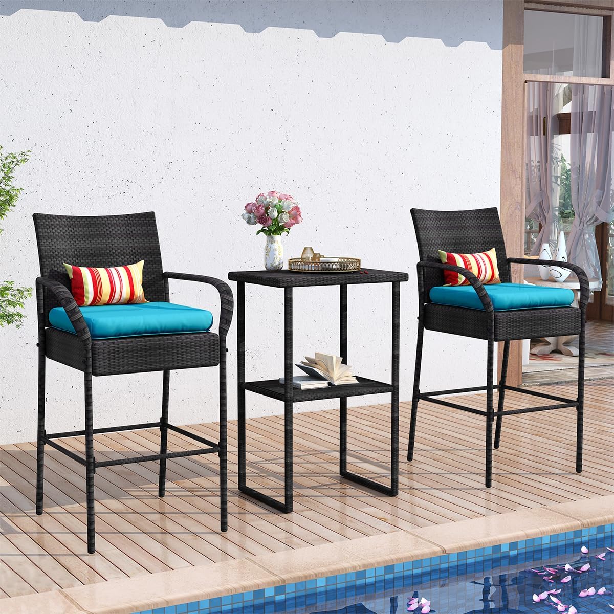 Sundale Outdoor Wicker Bar Stool Set of 2, Patio Counter Height Pub Chair with Arms, High Top Rattan Barstool, Cushion Beige, All-Weather Outdoor Rattan Furniture (Gray&Blue, Small Seat - 2 Stools)