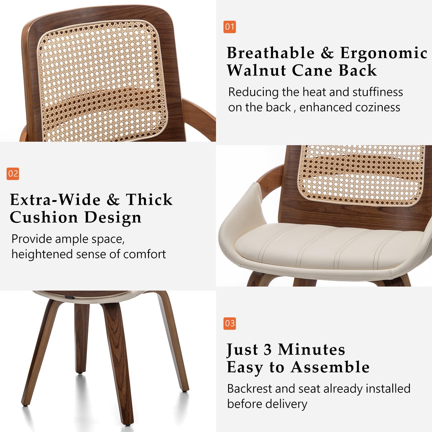 Cane Dining Chairs - Mid Century Modern Dining Chairs with Walnut Bentwood Frame, Ergonomic Rattan Back, Curved Arms, Versatile for Living Room/Reception/Kitchen/Desk (Walnut Beige, Set of 1)