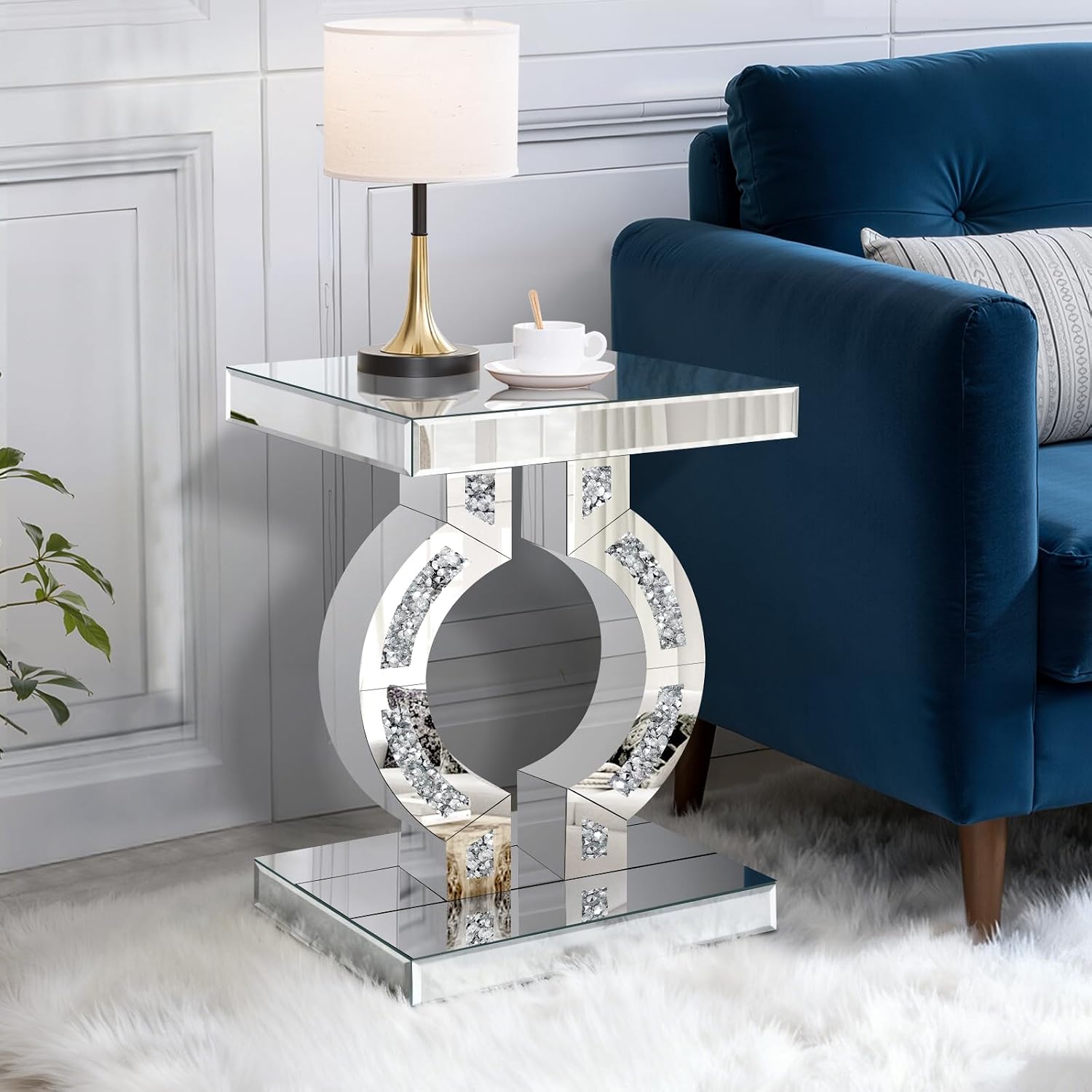 Crushed Diamond Mirrored End Table, Silver Side Accent Table, Small Mirrored Coffee Table for Living Room, Bedroom, 16"x12"x23"