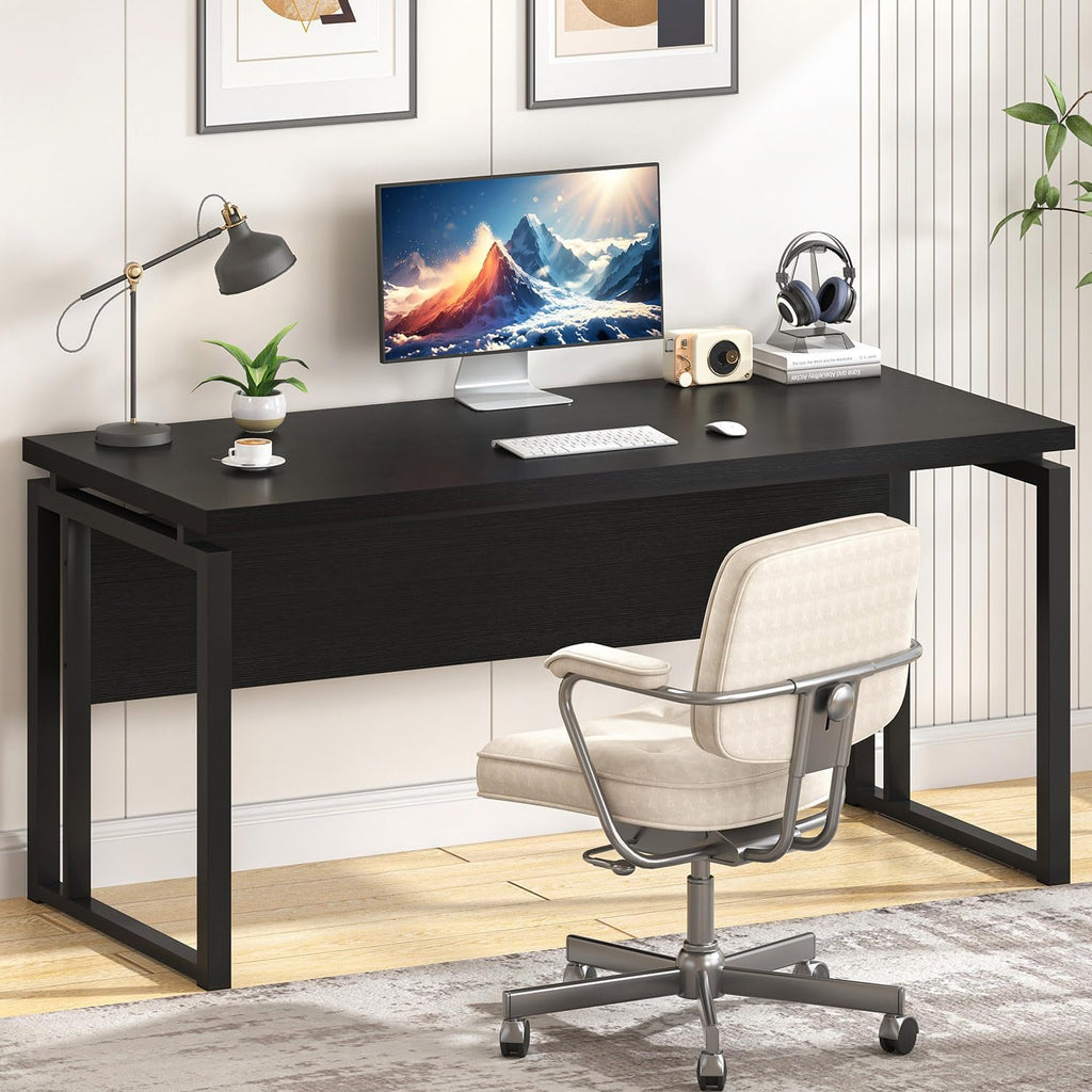 EXCEFUR Black Desk for Home Office, Modern Computer Desk, Wood and Metal Writing Study Table for Workstations, Living Room, Bedroom, 53 Inch