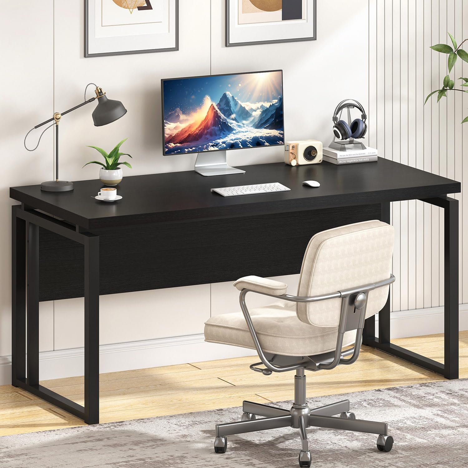 EXCEFUR Black Desk for Home Office, Modern Computer Desk, Wood and Metal Writing Study Table for Workstations, Living Room, Bedroom, 53 Inch