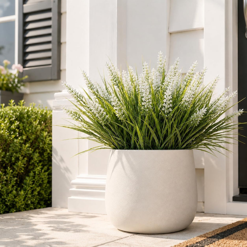 Artificial Monkey Grass with Flowers - UV Resistant Artificial Outdoor Plants, Faux Flowers for Outdoor Planters, Porch, Patio, Garden, Window Box - 12 Bundles White