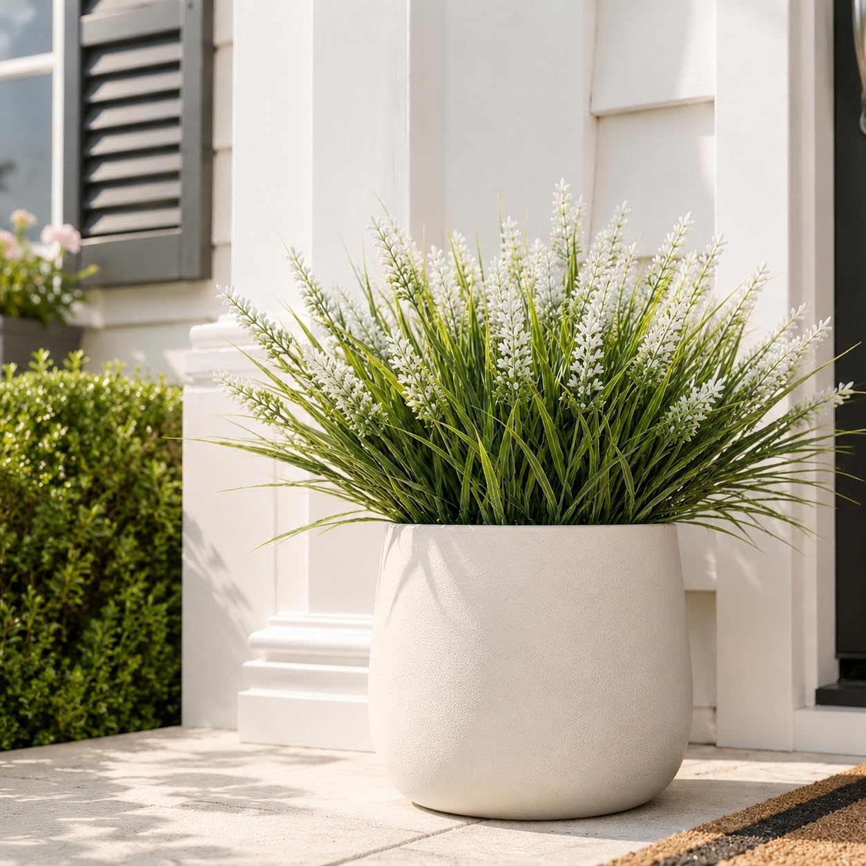 Artificial Monkey Grass with Flowers - UV Resistant Artificial Outdoor Plants, Faux Flowers for Outdoor Planters, Porch, Patio, Garden, Window Box - 12 Bundles White