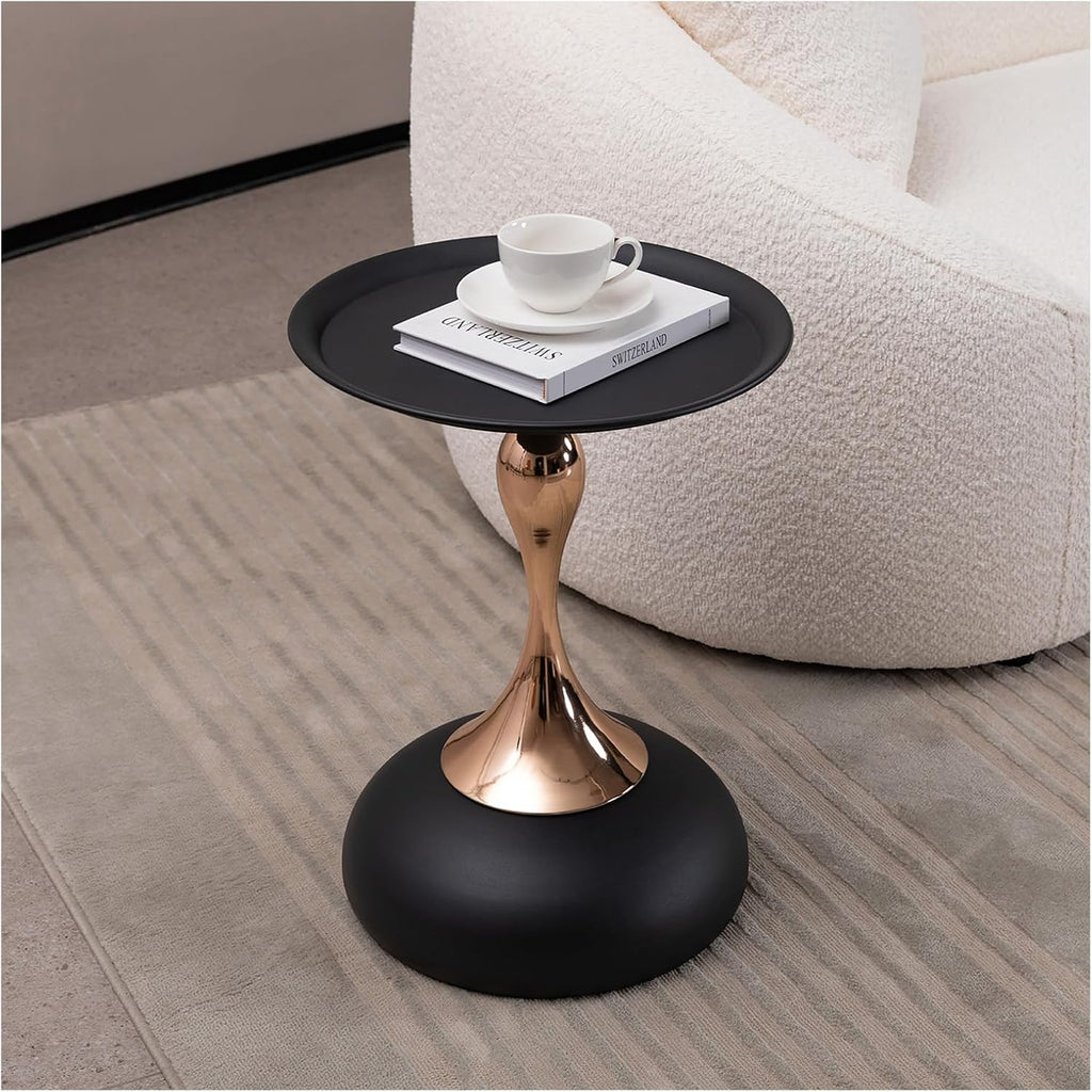 15.7" Round Side Table Gold Metal Pedestal, Hourglass Mermaid Tail Art Deco End Table, Modern Minimalist Accent Drink Martini Table for Small Spaces, Living Room Apartment Cafe (Black)