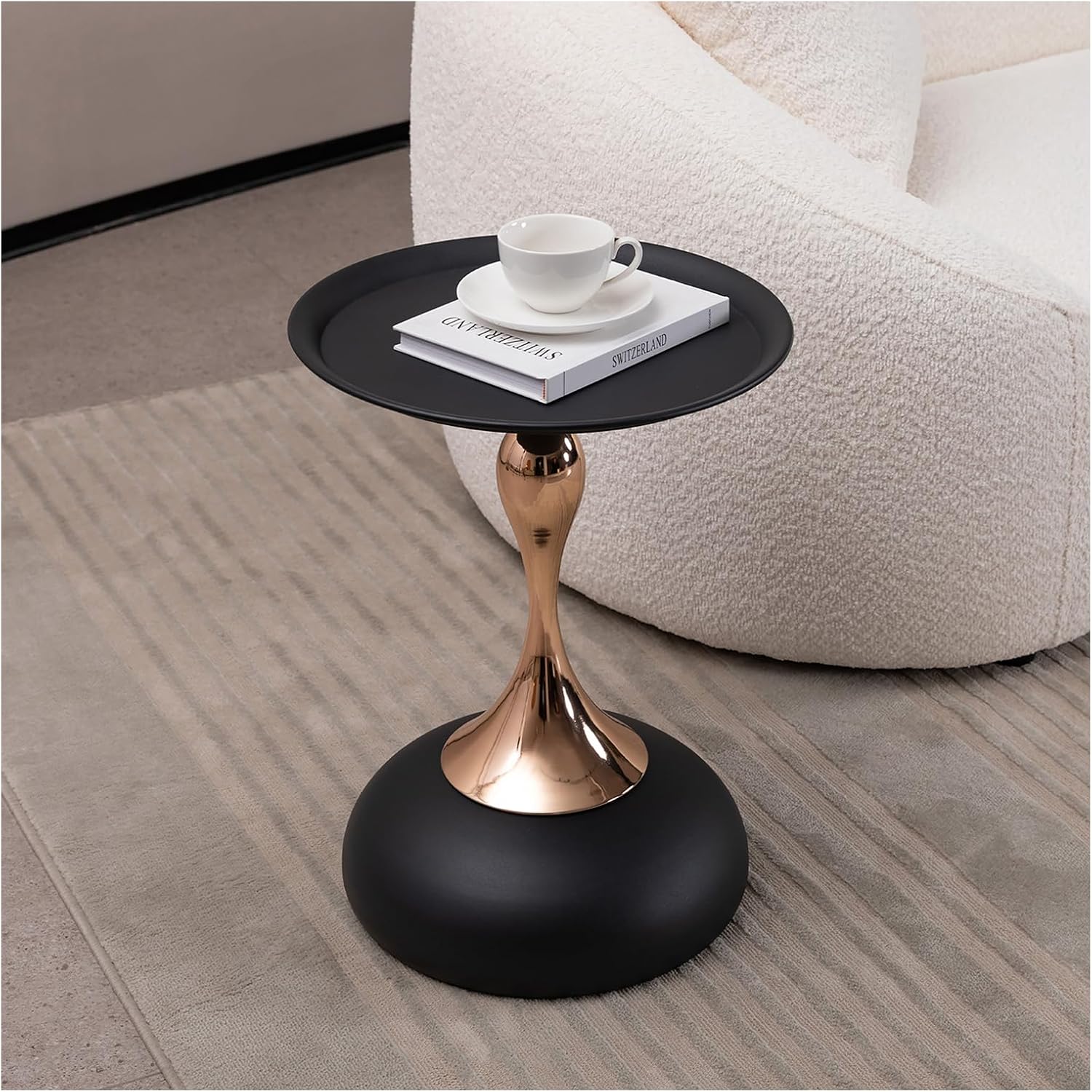 15.7" Round Side Table Gold Metal Pedestal, Hourglass Mermaid Tail Art Deco End Table, Modern Minimalist Accent Drink Martini Table for Small Spaces, Living Room Apartment Cafe (Black)