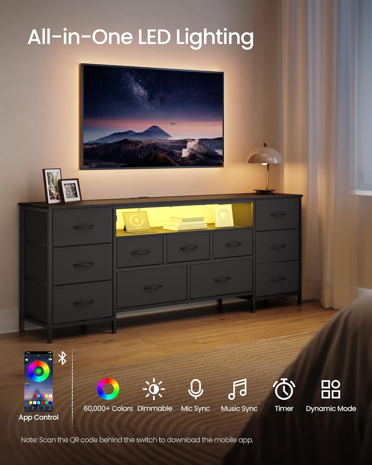 SONGMICS BELLAH Collection - TV Stand for TVs Up to 70 Inches, Dresser for Bedroom, Living Room, Chest of Drawers, Steel, 11 Drawers and Shelf, Modern, Ink Black ULGS043B101S