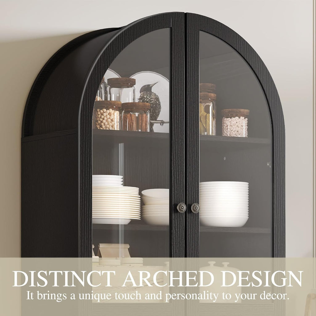 YITAHOME Arched Cabinet, 71" Tall Kitchen Pantry Storage Cabinet with Glass Door, Adjustable Shelves and Drawer, Farmhouse Wood Versatile Cupboard for Living Dining Room, Black