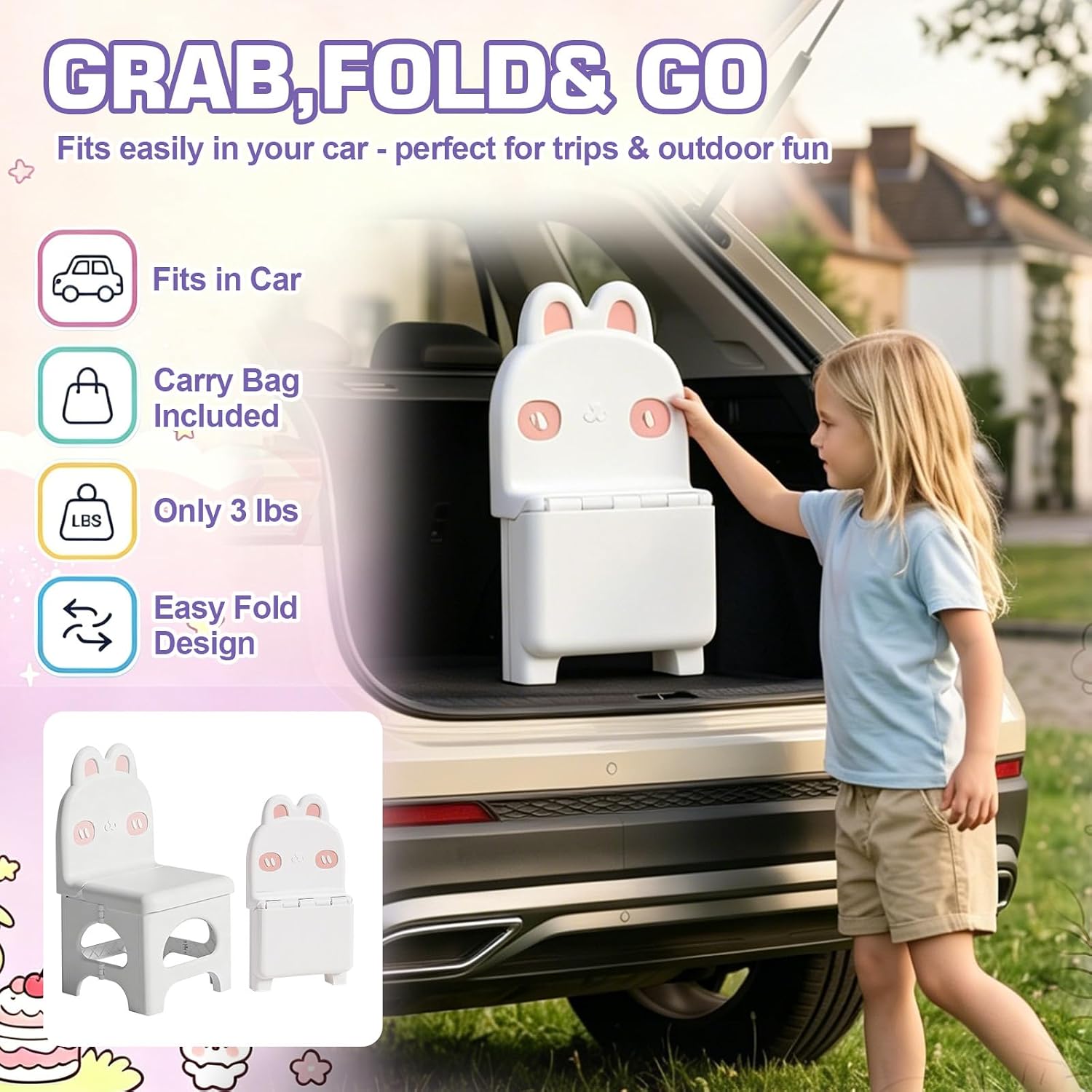 Kids Folding Chair, Safe Ergonomic Toddler Seat, Durable Small Plastic Chair for Classroom Camping, Lightweight & Easy Clean (White)