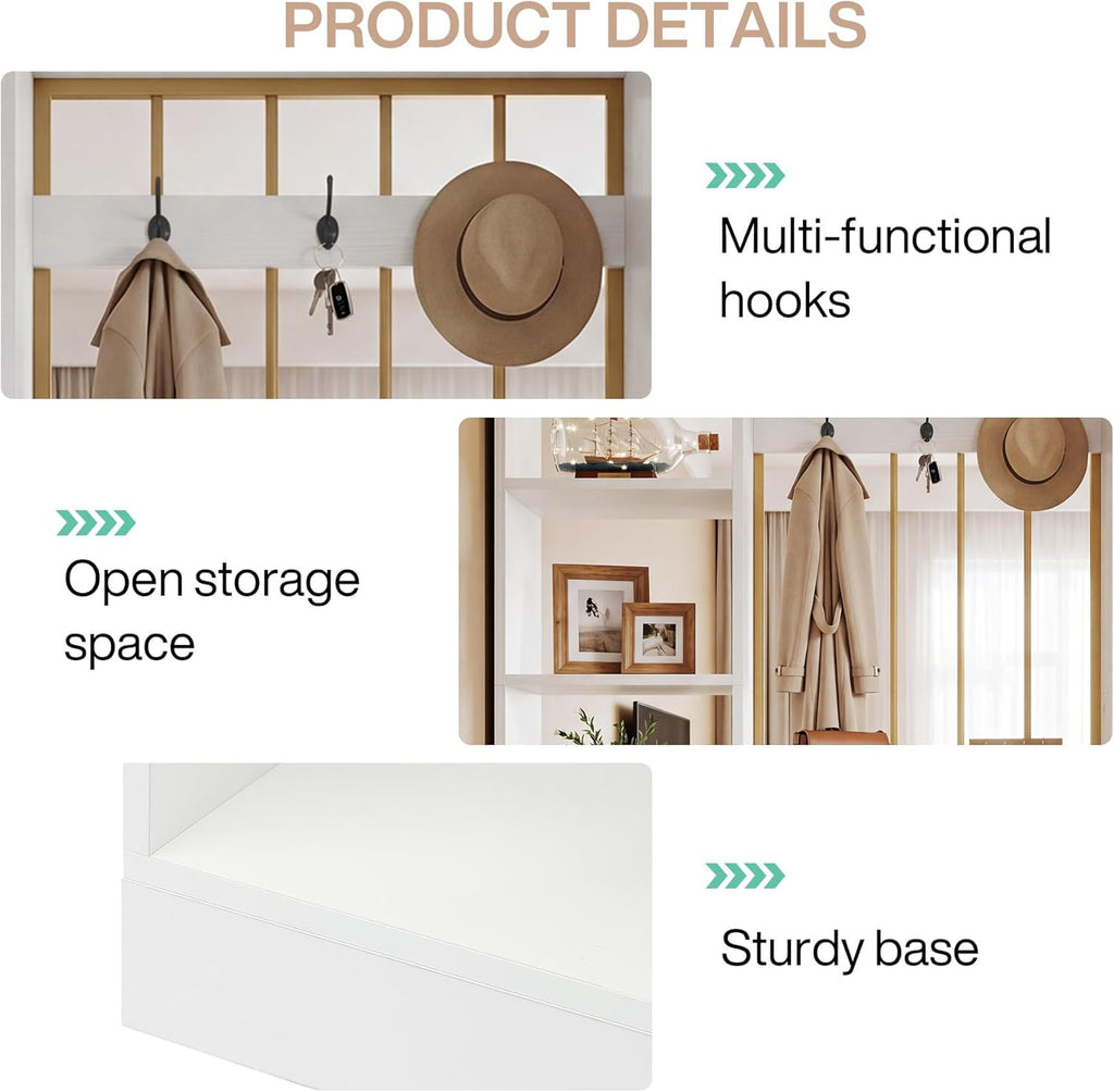 Tribesigns 70.8-Inch Wall Room Divider with Shelves, Modern Freestanding Room Divider with Drawer & Coat Racks, Wood Wall Partition Room Dividers for Room Separation, Home, Office, White & Gold