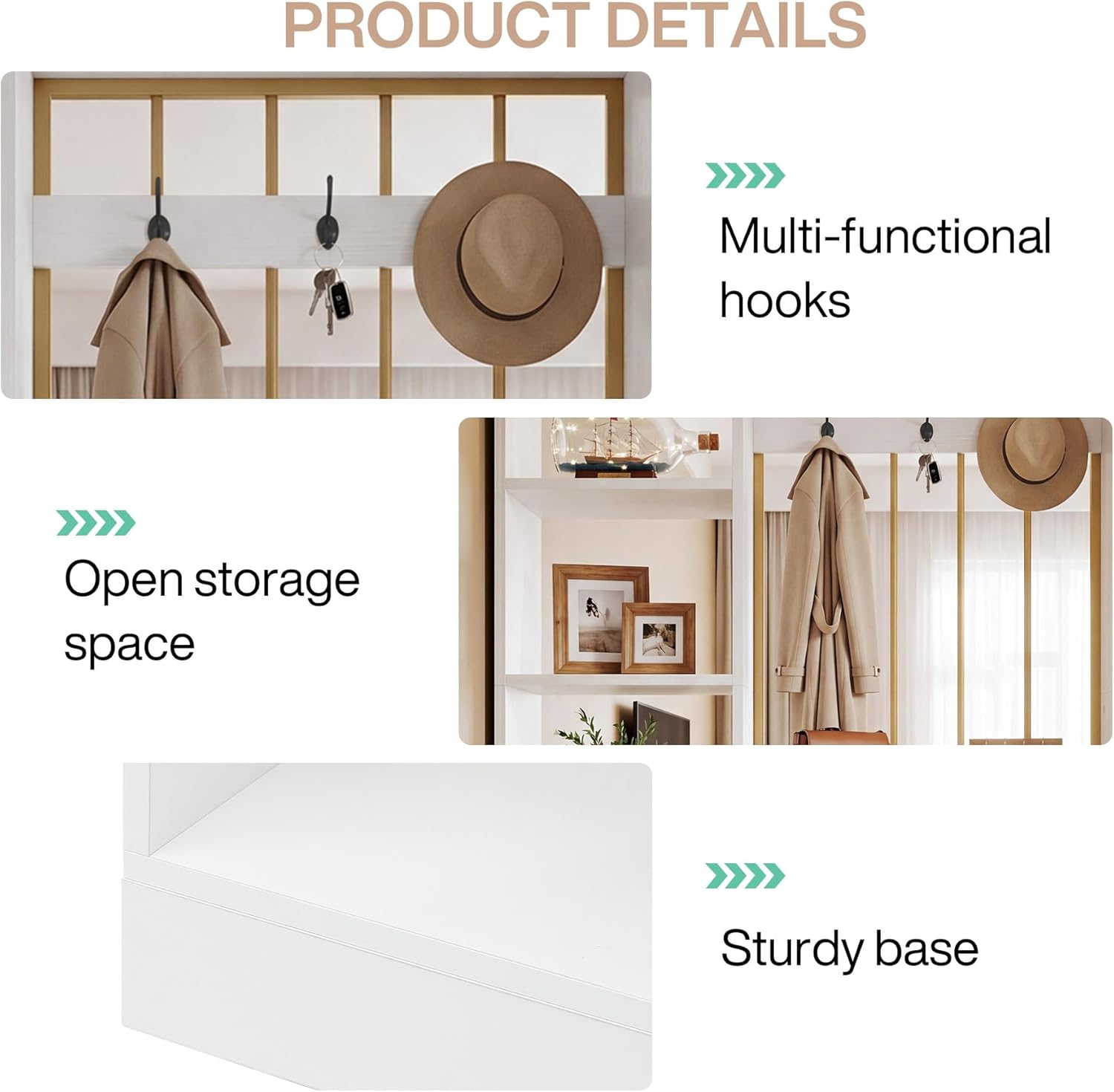 Tribesigns 70.8-Inch Wall Room Divider with Shelves, Modern Freestanding Room Divider with Drawer & Coat Racks, Wood Wall Partition Room Dividers for Room Separation, Home, Office, White & Gold