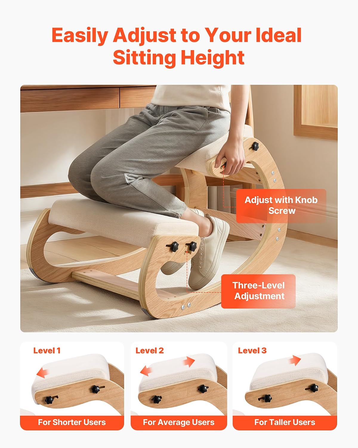 VEVOR Ergonomic Kneeling Chair, Wooden Posture Knee Chair with Adjustable Thick Foam Cushions & Solid Wood Frame, Adjustable Height, Relief for Neck or Back Pain for Home, Office or Meditation, Beige