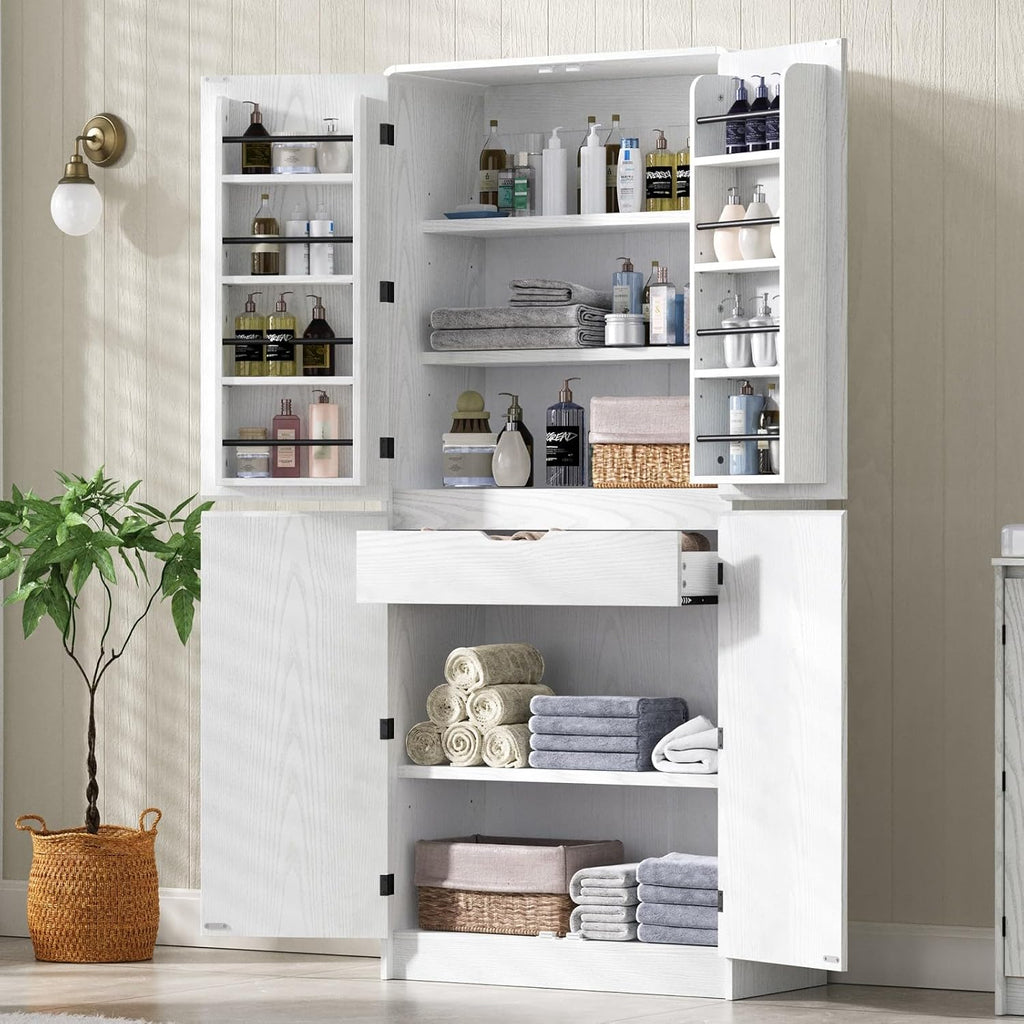 72" Tall Arched Kitchen Pantry Cabinet with 3 Adjustable Shelves, Modern Storage Cabinet with Hidden Drawer and 8 Door Shelves for Kitchen, Dining and Bathroom (White)