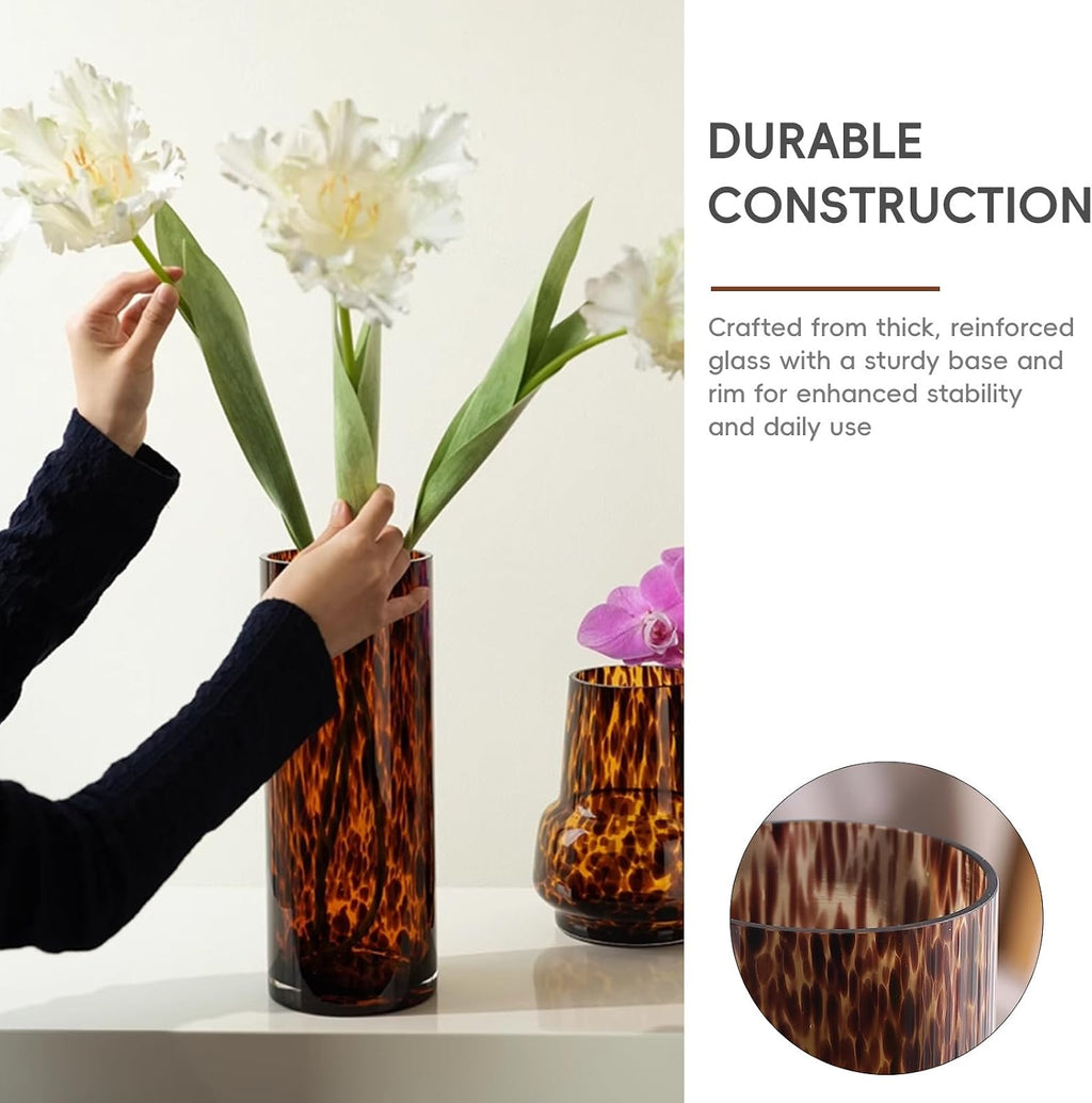 10" High Luxe Leopard Glass Vase — Unique Modern Amber Brown Centerpiece for Home Decor, Everyday Elegance Vase