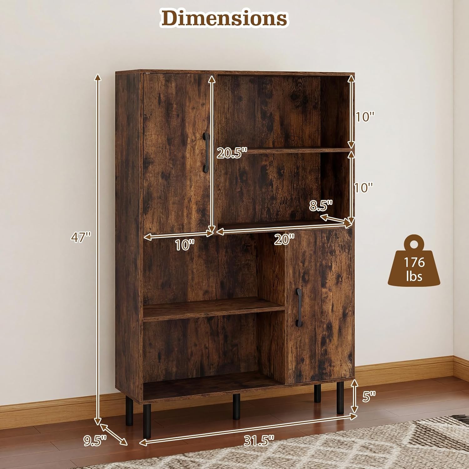 Giantex 47-Inches Storage Cabinet with Doors, Open Shelves, Anti-Tipping Device, 4-Tier Bookcase for Books & Photos, Tall Cupboard, Floor Cabinet for Living Room, Kitchen Buffet Sideboard (Brown)